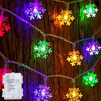 Dazzle Bright Christmas Snowflake String Lights, 2 Pack Total 100LED 50FT Battery Operated Christmas Lights with 8 Lighting Modes for Indoor Outdoor Xmas Tree Party Decorations, Multi-Colored