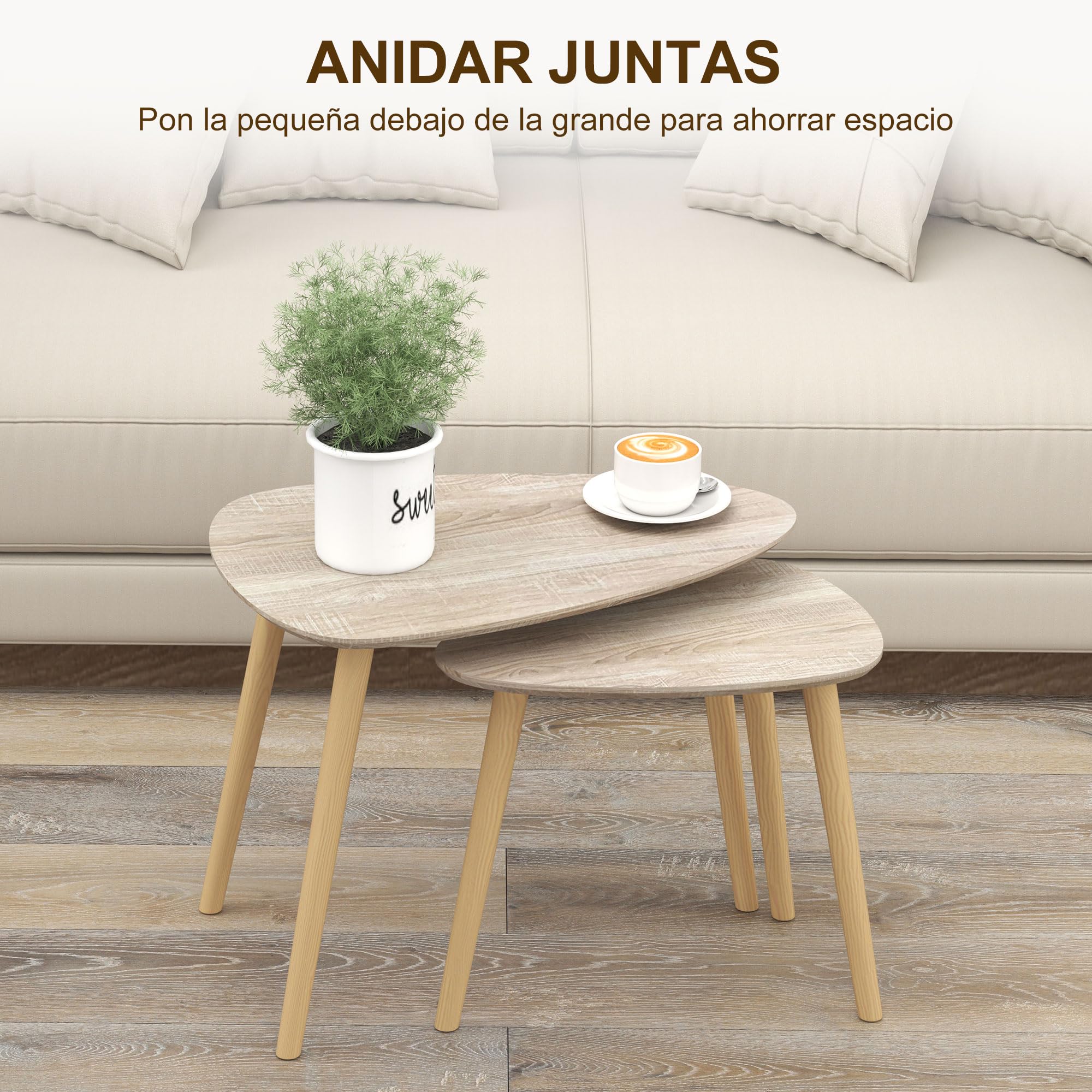 HOMCOM Juego de 2 Mesas de Centro, Mesa Nido Moderna, Mesitas Auxiliares, Patas de Madera de Pino, para Salón, Dormitorio, Oficina, Madera Natural