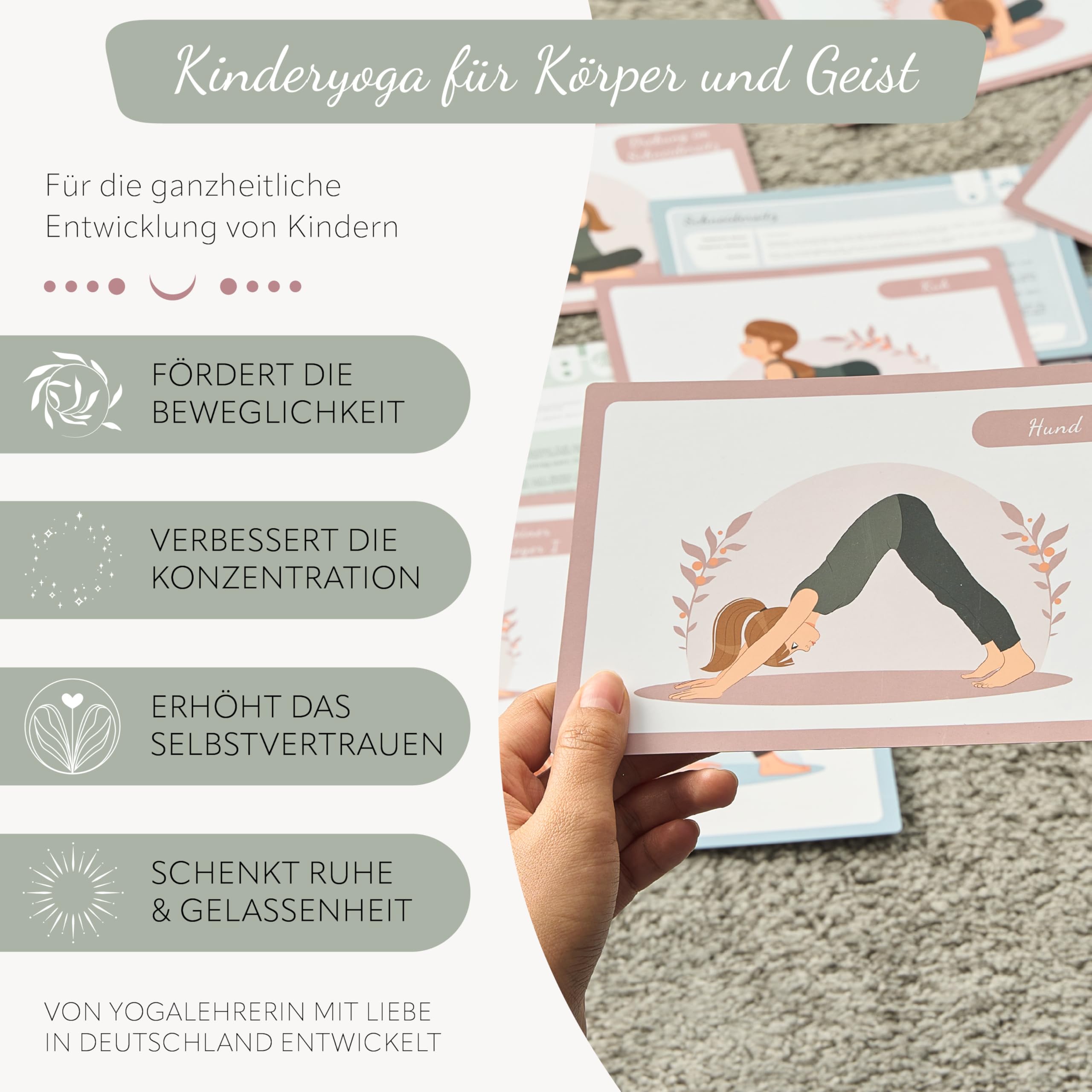 Kinderyoga Bildkarten – 50 hochwertige Yoga Karten für Kinder mit Anleitungen – Fördert Konzentration, Bewegung & Achtsamkeit – Ideal für Zuhause, Schule & Therapie [Pädagogisch Wertvoll]