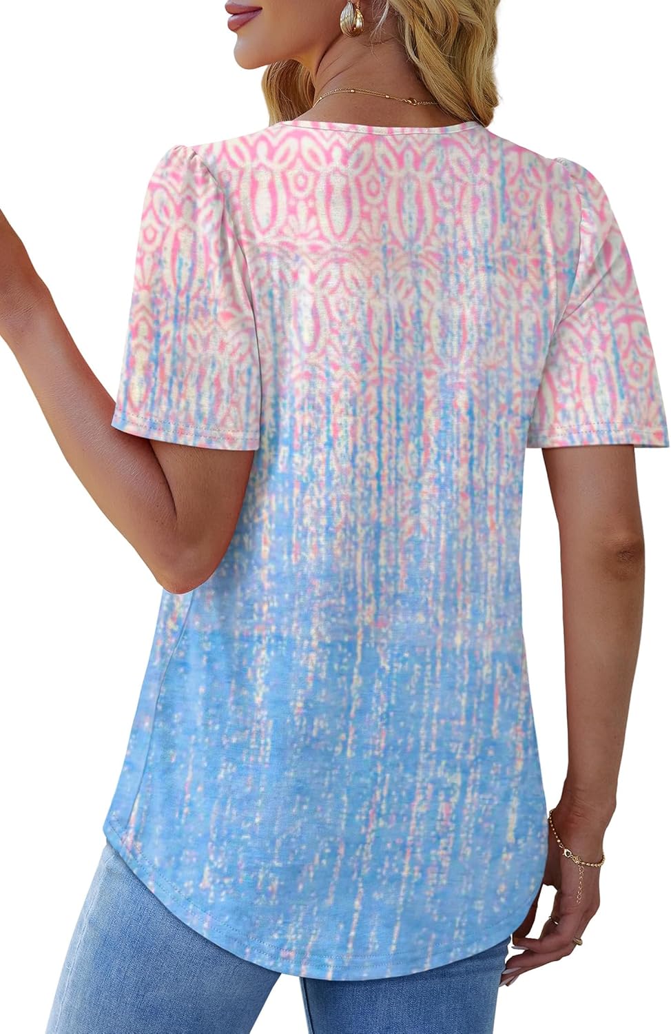 OFEEFAN T Shirts for Women Pleated Square Neck Dressy Casual Blouses Puff Short Sleeve Summer Tops Loose Fit - Image 5