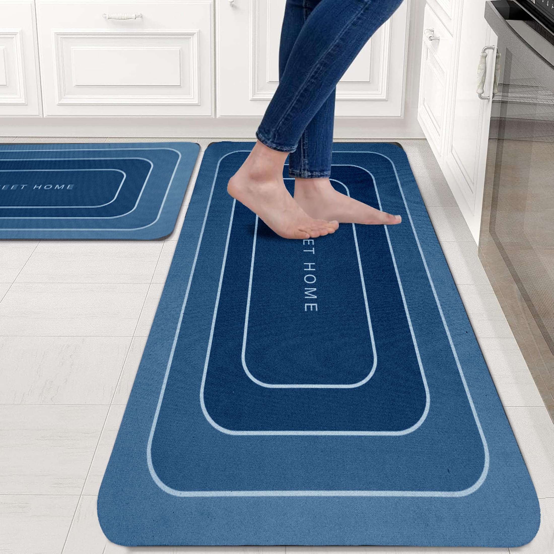 Amazon Brand – Solimo Silicone Kitchen & Bath Mat (Pack of 2) | Navy Blue | Anti-Fatigue Comfort Foam | Waterproof & Anti-Slip | 60 x 40 cm & 40 x 120 cm| Quick-Dry & Easy Clean