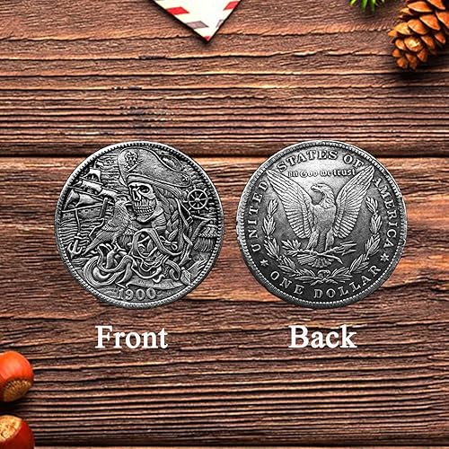 Miniatura 4 de SQEYYGI Moneda de calavera pirata Morgan Hobo chapado en plata sobre réplicas de monedas de cobre con elegante vitrina de monedas
