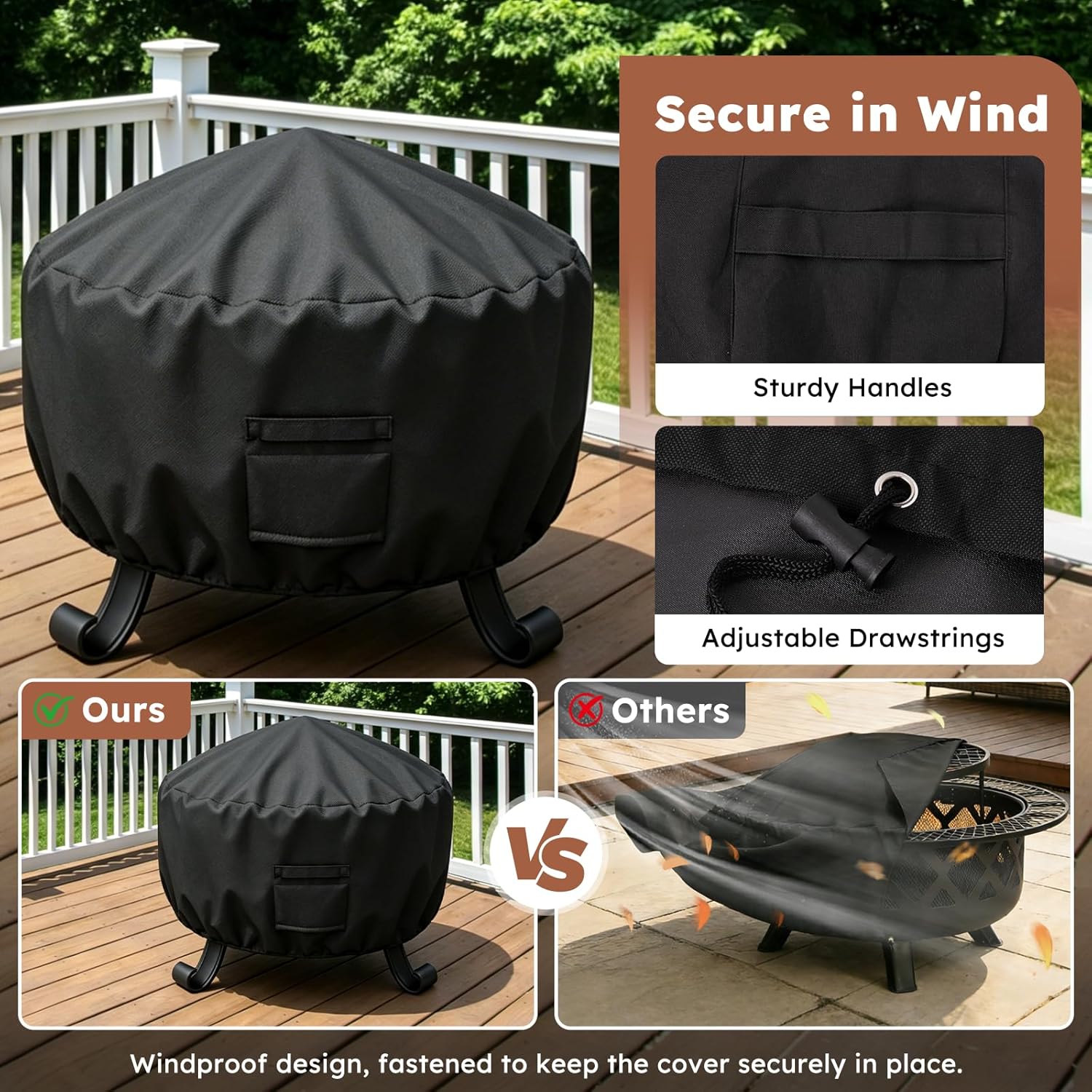 MR. COVER Round Fire Pit Cover 36 Inch, Heavy Duty 600D Waterproof Windproof Fire Pit Table Cover, Rip-Proof Fade Resistant Outdoor Firepit Cover with Straps and Built-in Vents, 36 Dia x 24 H, Black