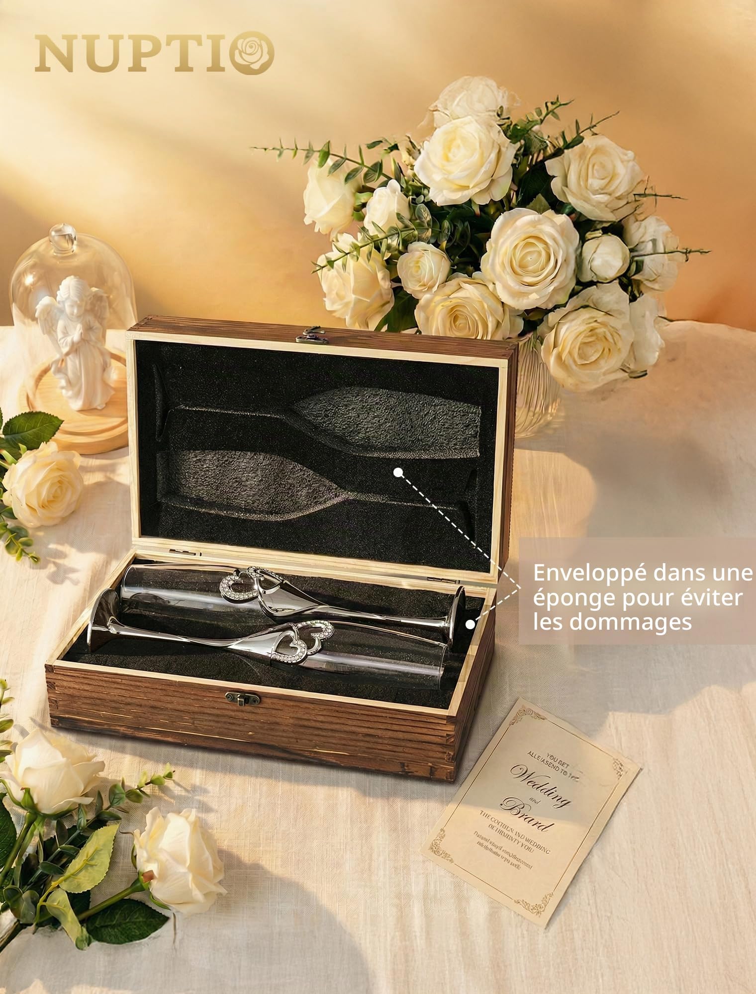 NUPTIO Cristal Flûtes à Champagne avec en Bois, Cadeau Mariage, Argent | 2 Pièces, Verre, pour Anniversaire, Fête, Noël, pour les Couples, l'épouse, la Mariée, l'être Aimé