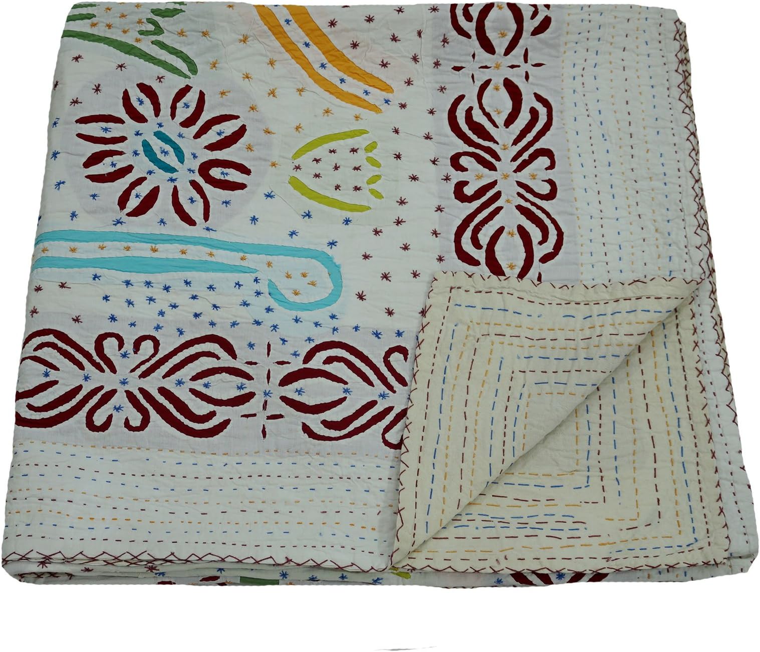 Indian Handmade Cut Work Quilt, Ethnic Patch Work Bedspread, Queen Size Home Decorative Blanket