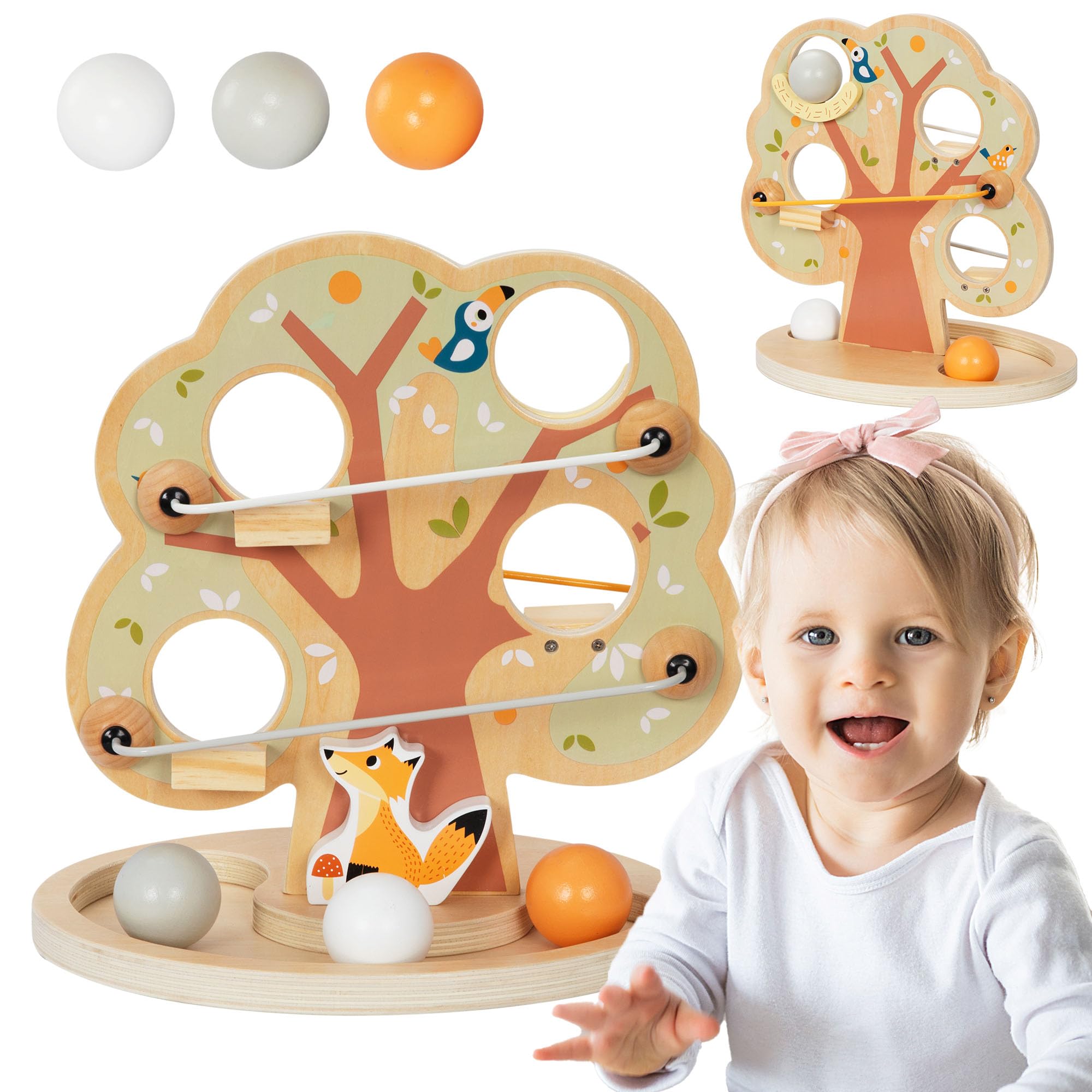 mamabrum Circuito in Legno per Palline, Albero con 4 Livelli di Discesa e 3 Sfere Colorate, Gioco Educativo per Coordinazione e Motricità Fine, Bambini da 18 mesi