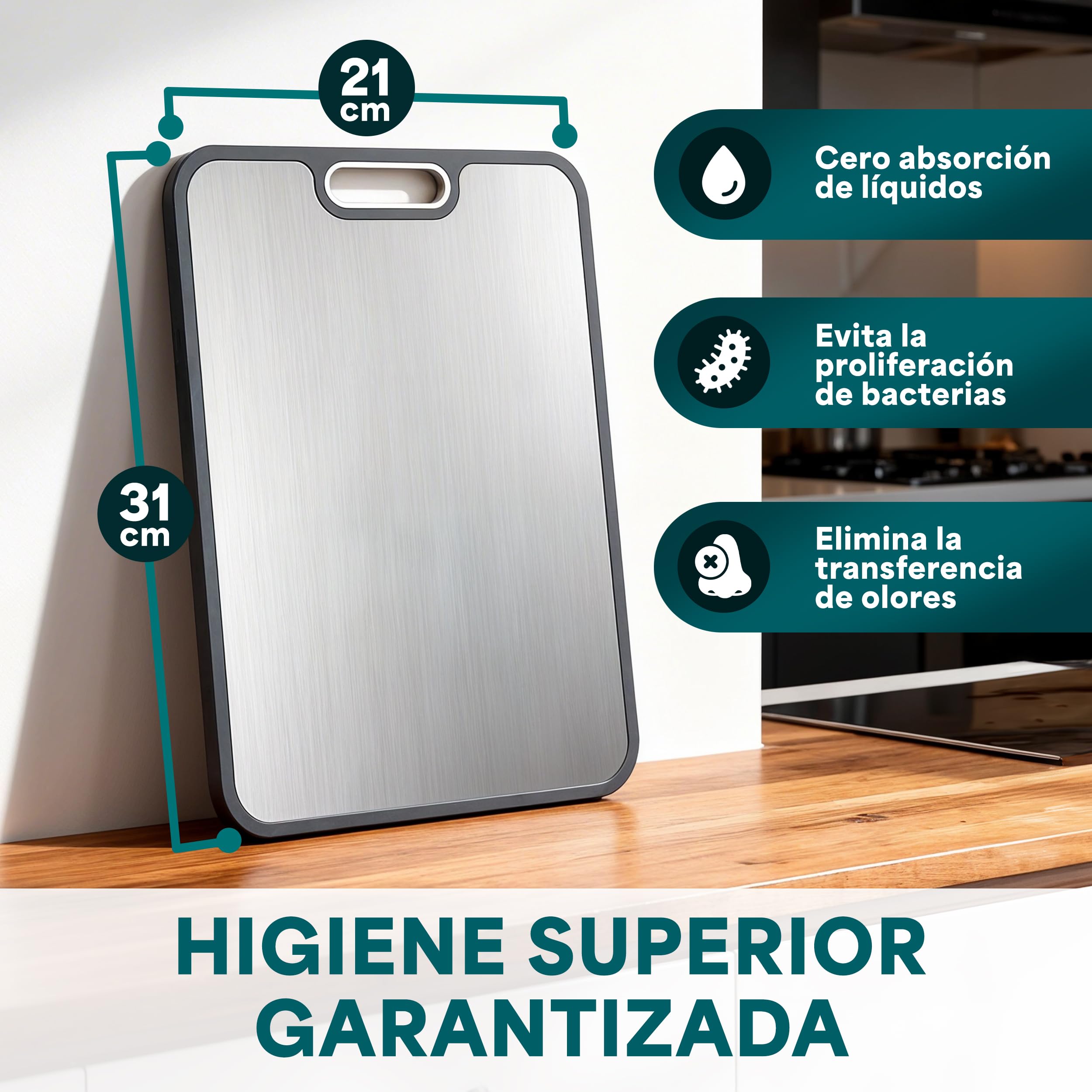 Tabla de Cortar Titanio Puro Doble Cara 31x21 cm - Antibacteriana, Antideslizante, Sin BPA ni Olores - Cara de Titanio y Fibra de Trigo - Tabla Cocina Higiénica Premium