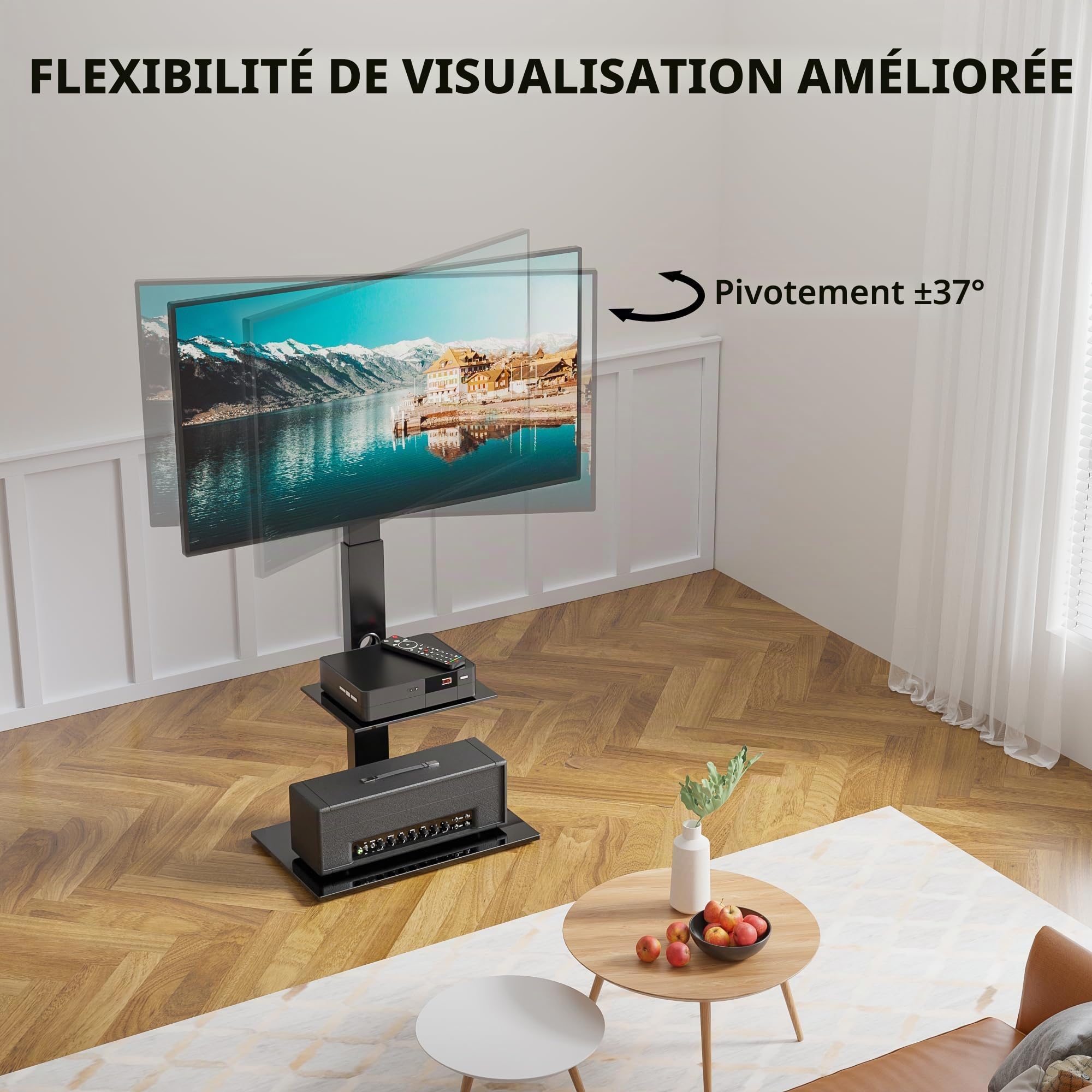 BONTEC Montage au Sol Support TV sur Pied pour 30-70 Pouces Téléviseurs Incurvés Plats LED OLED LCD jusqu'à 40 kg, Pivotant Hauteur Réglable avec 2 Etagères, Max VESA 600x400 mm