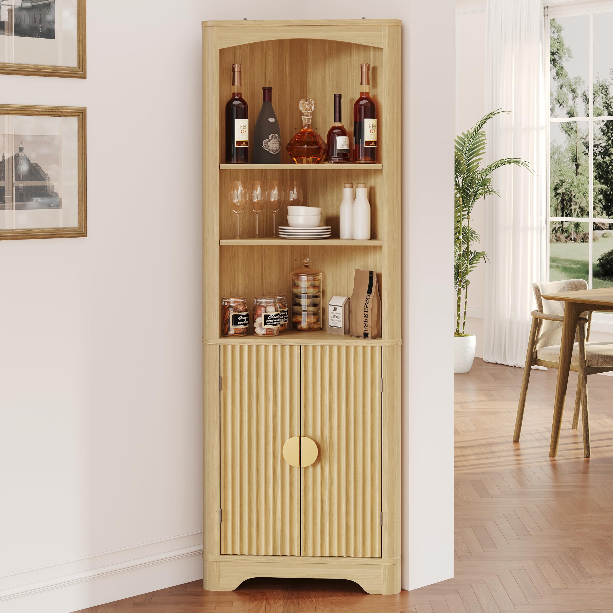 oneinmil Tall Corner Cabinet, Mid-Century Modern Fluted Storage Cabinet, Corner Shelf with Doors, for Kitchen, Bathroom, Living Room, Oak