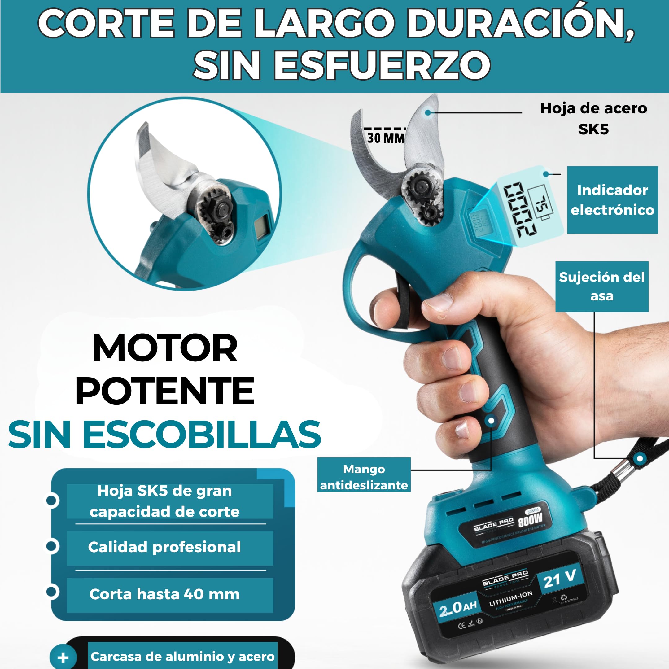 Tijeras de podar eléctricas inalámbricas 800 W – Corte 40 mm – 2 baterías de litio 6000 mAh – Tijeras de podar profesional de jardín – Kit completo (Pack pro)