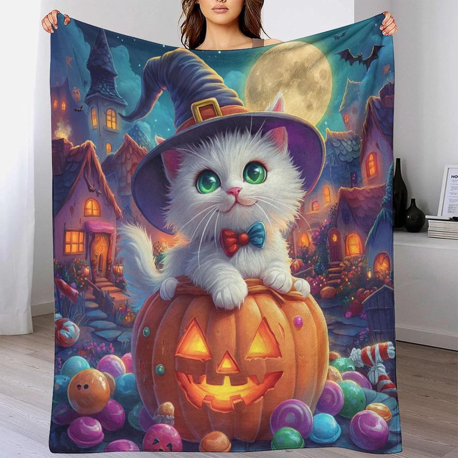 Cute Cat Blanket 3D Print Flannel Halloween Theme Couch Blanket Cuddly