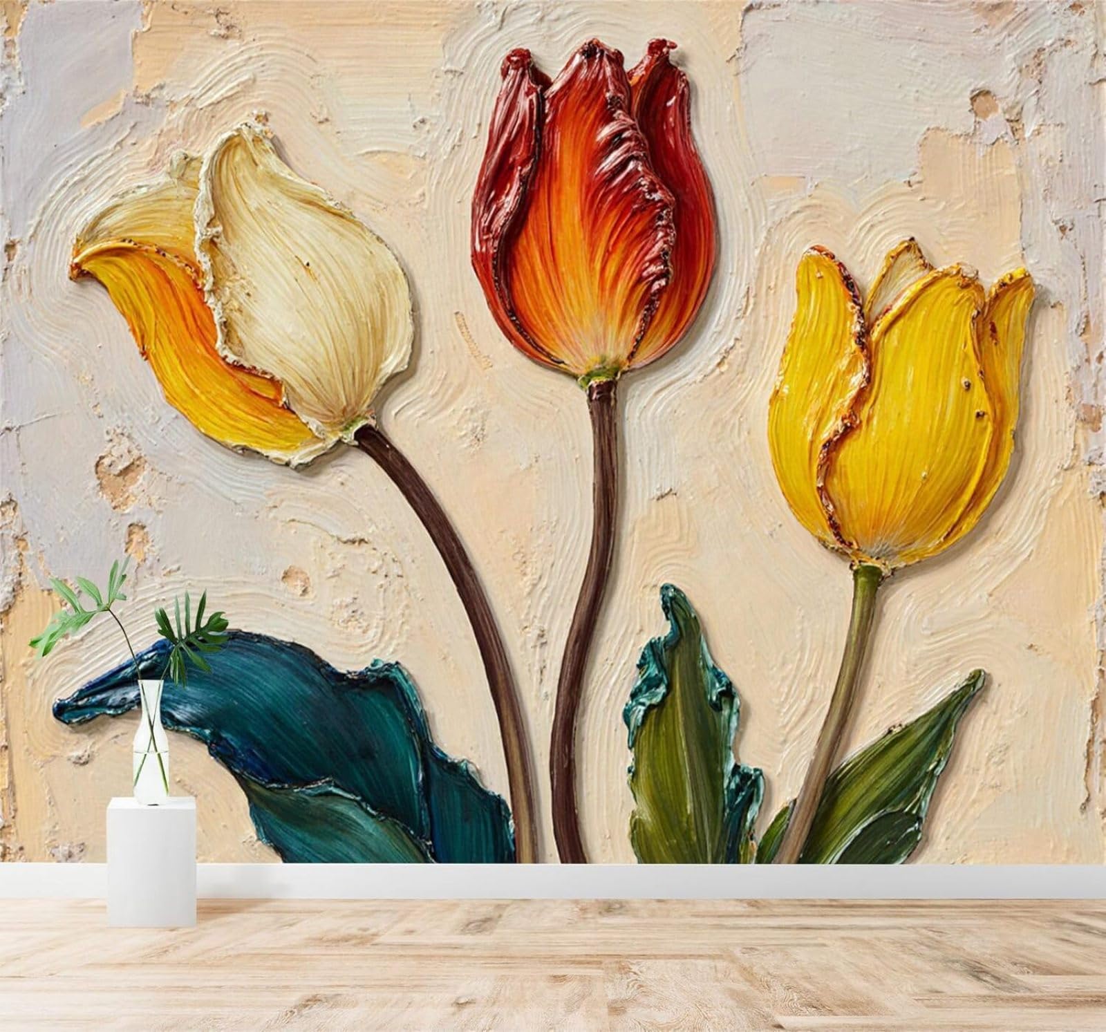 Xlming 430Cm×300Cm(B×H) Minimalist Hand Drawn Red And Yellow Tulips Green Leaves 3D Wallpaper Silky Texture Home Study Office Grey Dining Room Sofa Bedroom Living Room Tv Backdrop-430Cm×300Cm