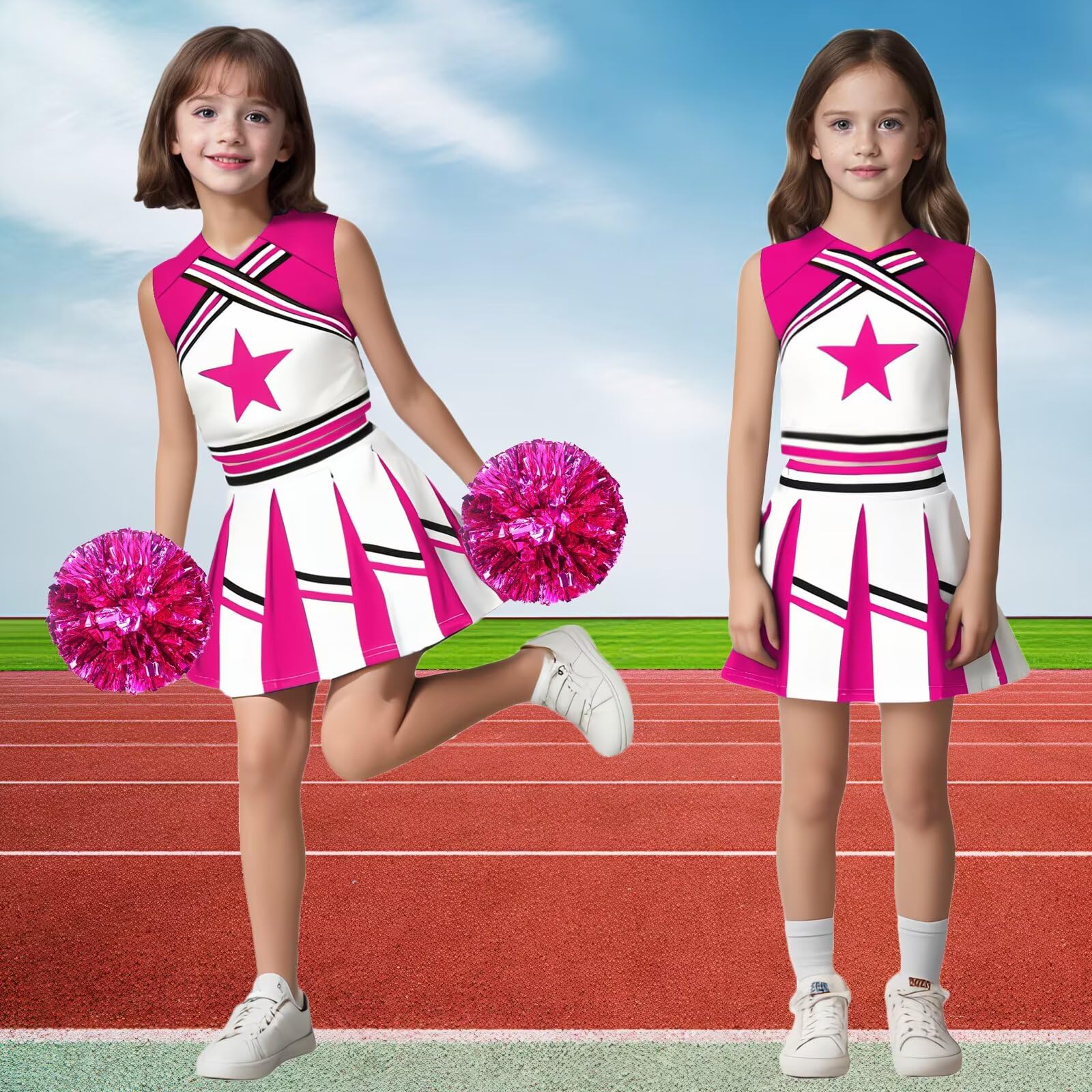 Deguisement Pompom Girl Fille, Deguisement Cheerleader Fille, Uniforme de Pompom Girl Fille avec Pompoms et Chaussettes Robe de Pompom Costume pour Enfant Halloween Carnaval Mascarade - 3