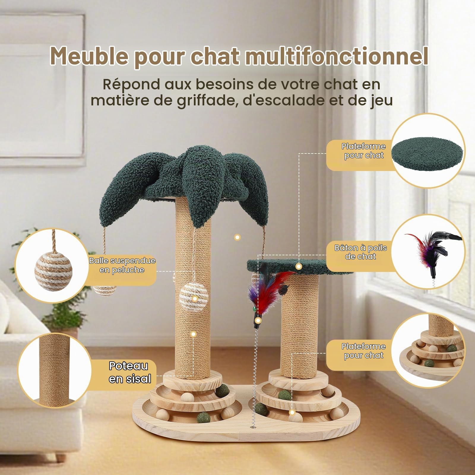 Jouet Interactif Pour Chat 6-en-1 Avec Boule Rotative, Plumes, Sisal Et Jute Arbre à Chat, Griffoir Et Jouets Pour Petits Et Moyens Chats, Meuble à Griffer, Jouet En Bois Griffoir Cylindre Avec Plumes