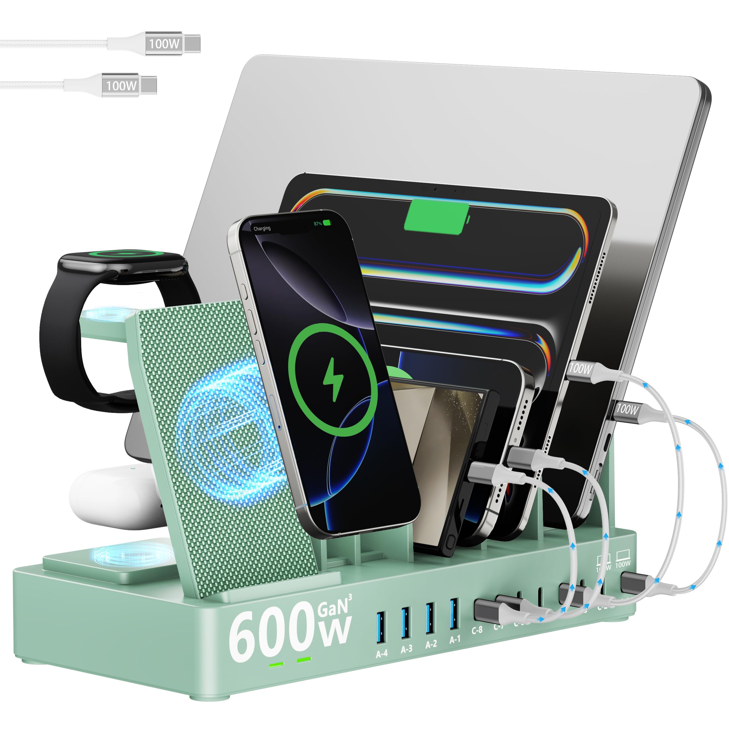 Estación de carga de 600 W para múltiples dispositivos, cargador inalámbrico 15 en 1 con 2 cables de carga USB C de 100 W, estación de carga dual USB C de 100 W para MacBook, iPhone, iPad, tableta