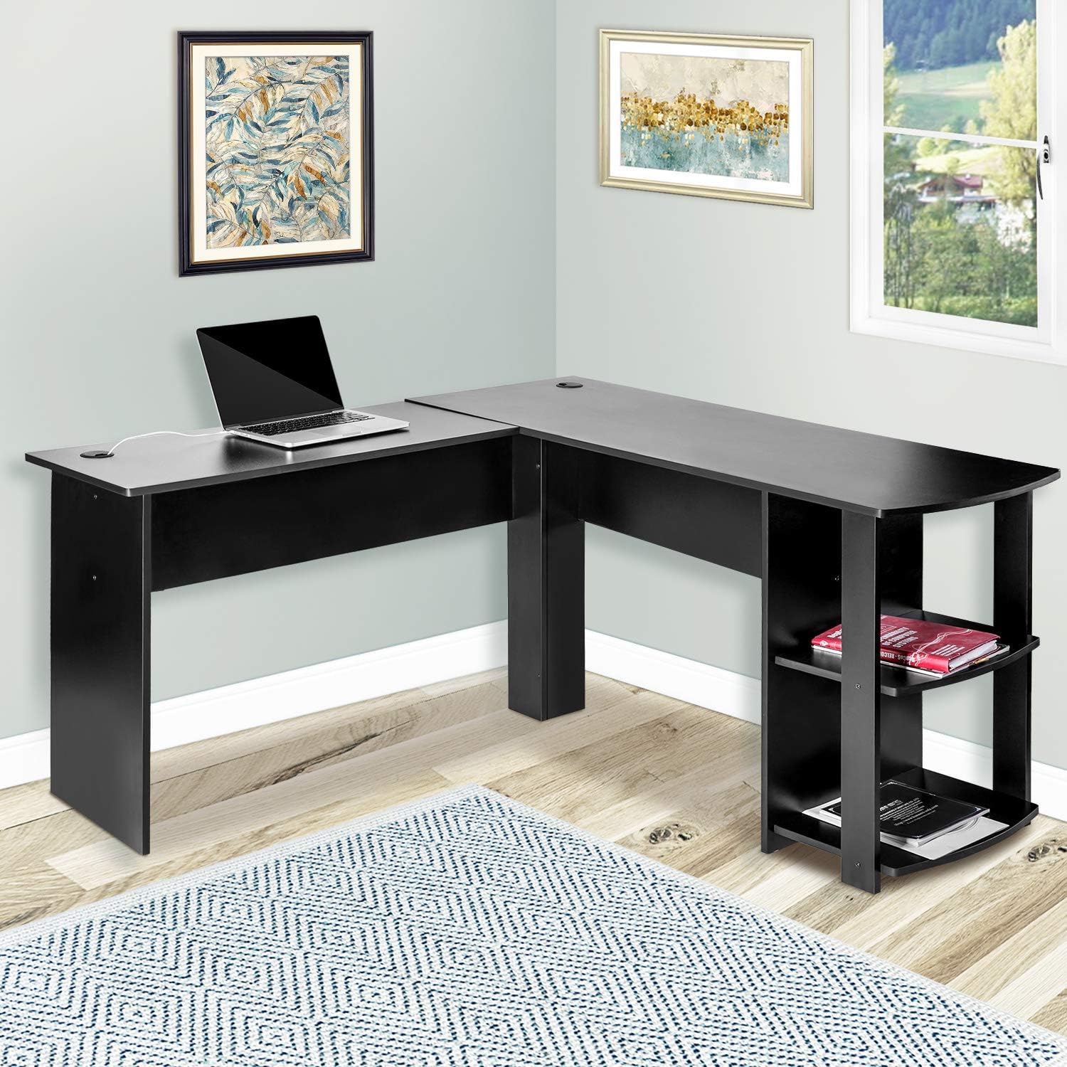 MIERES 1 L-Shapped Office Corner Computer Desk with Storage Shelf PC Laptop Workstation Writing Table, Black