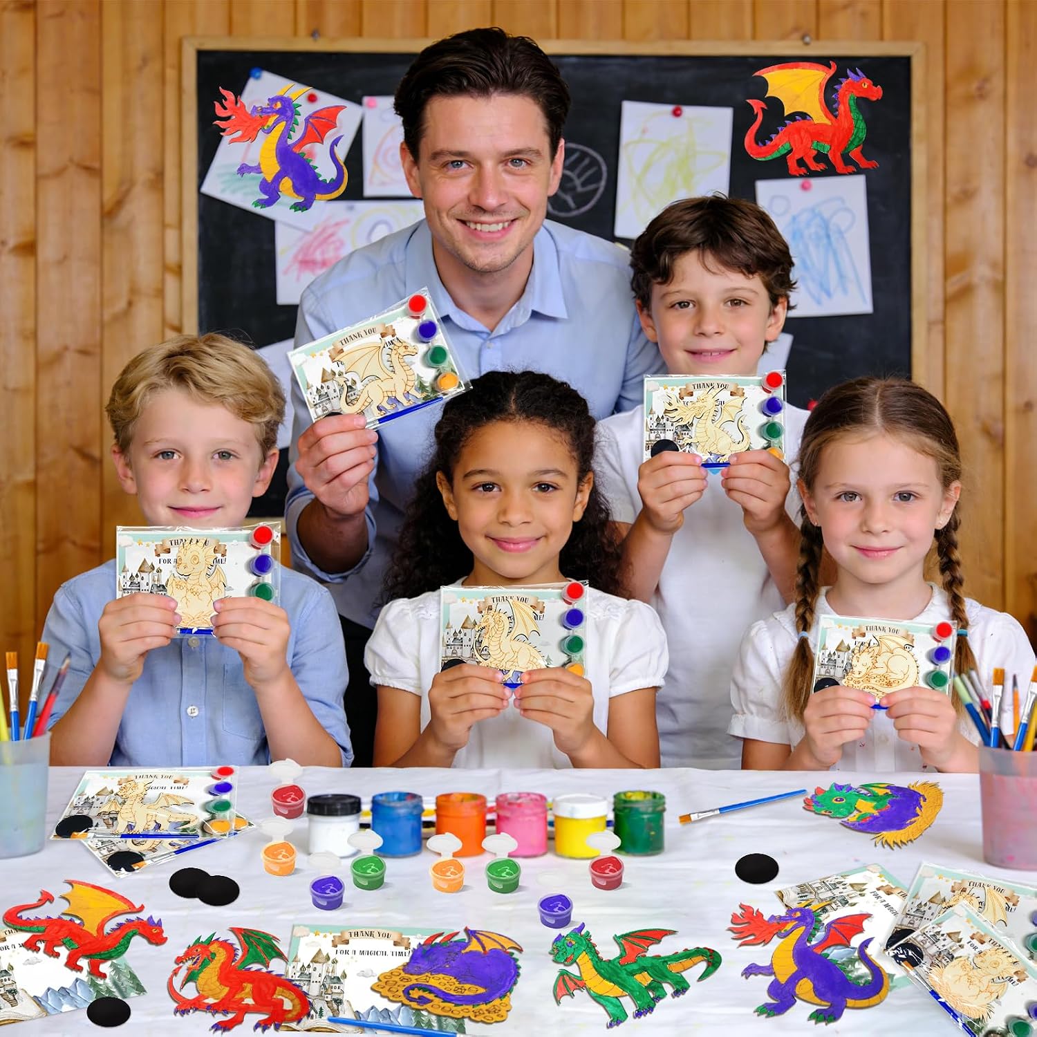 12-Pack Dragon Party Favors Pre-Packaged: Dragon Birthday Party Decorations Individually Wrapped Paint Your Own Wooden Magnet Craft Kits with Thank You Card, Dragon Birthday Supplies for Kids