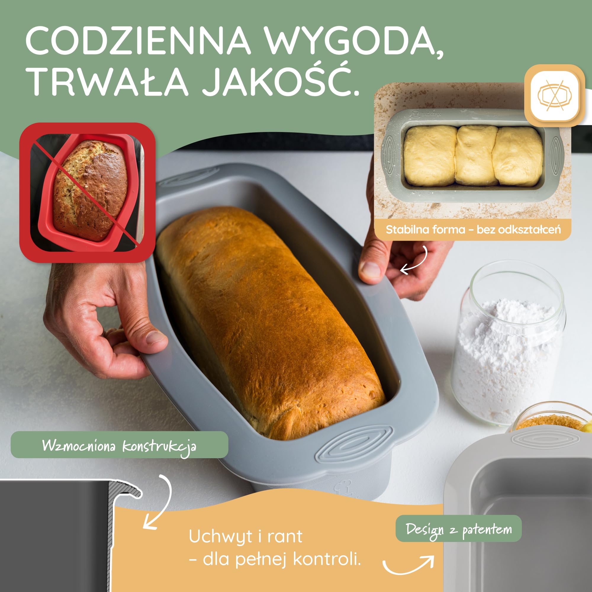 Backefix forma do pieczenia chleba z silikonu, 26 cm – Duża forma do pieczenia w kształcie prostokąta o pojemności 2100 ml na chleb i ciasto z dodatkową grubością ścianek, aby zapobiec wypukłym