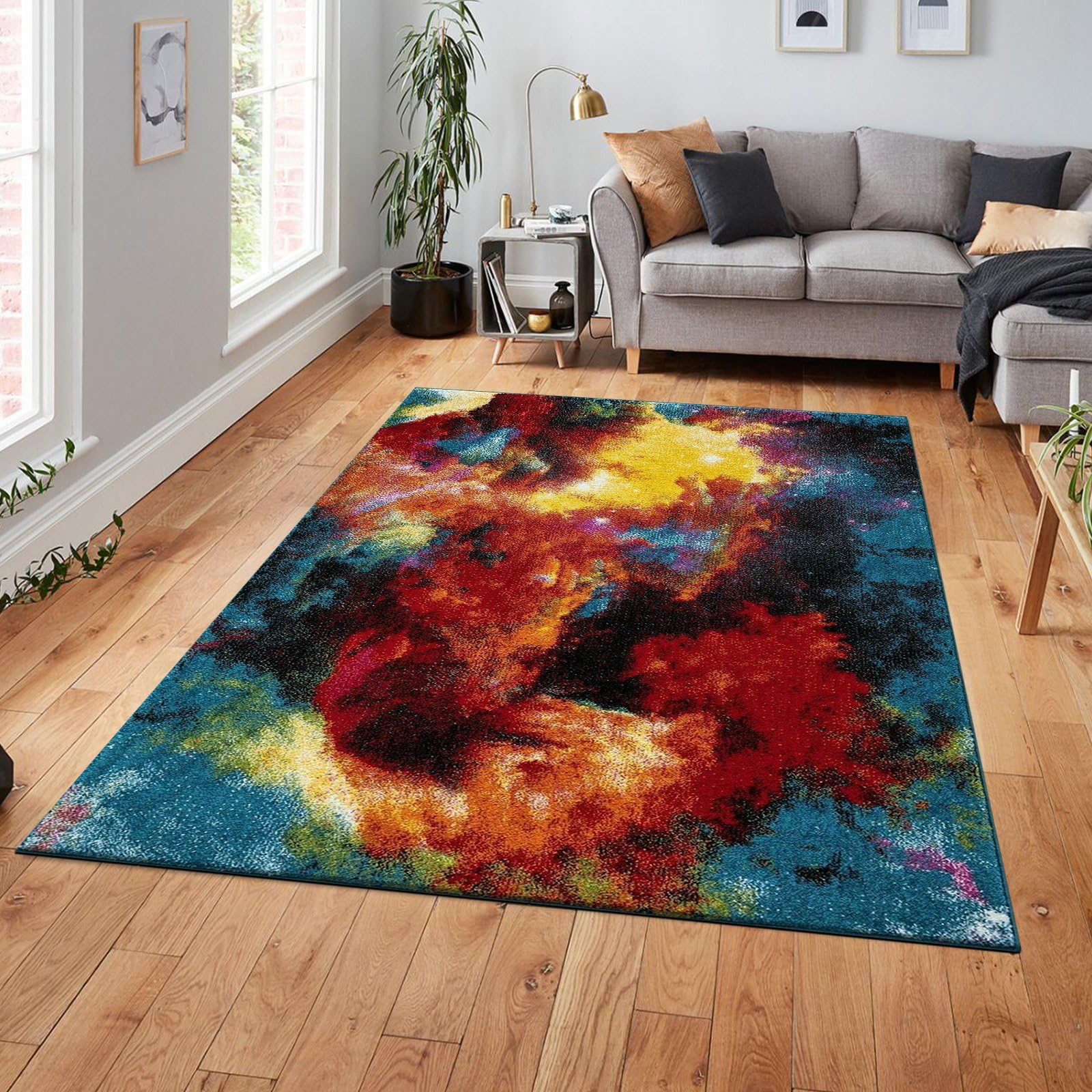 cozily® Medium Pile No Shed Jute Rug Large, Multi Coloured Rugs Living Room Carpet - 160 x 230 cm, Splash - Washable Rug for Bedroom, Sitting Room & Lounge