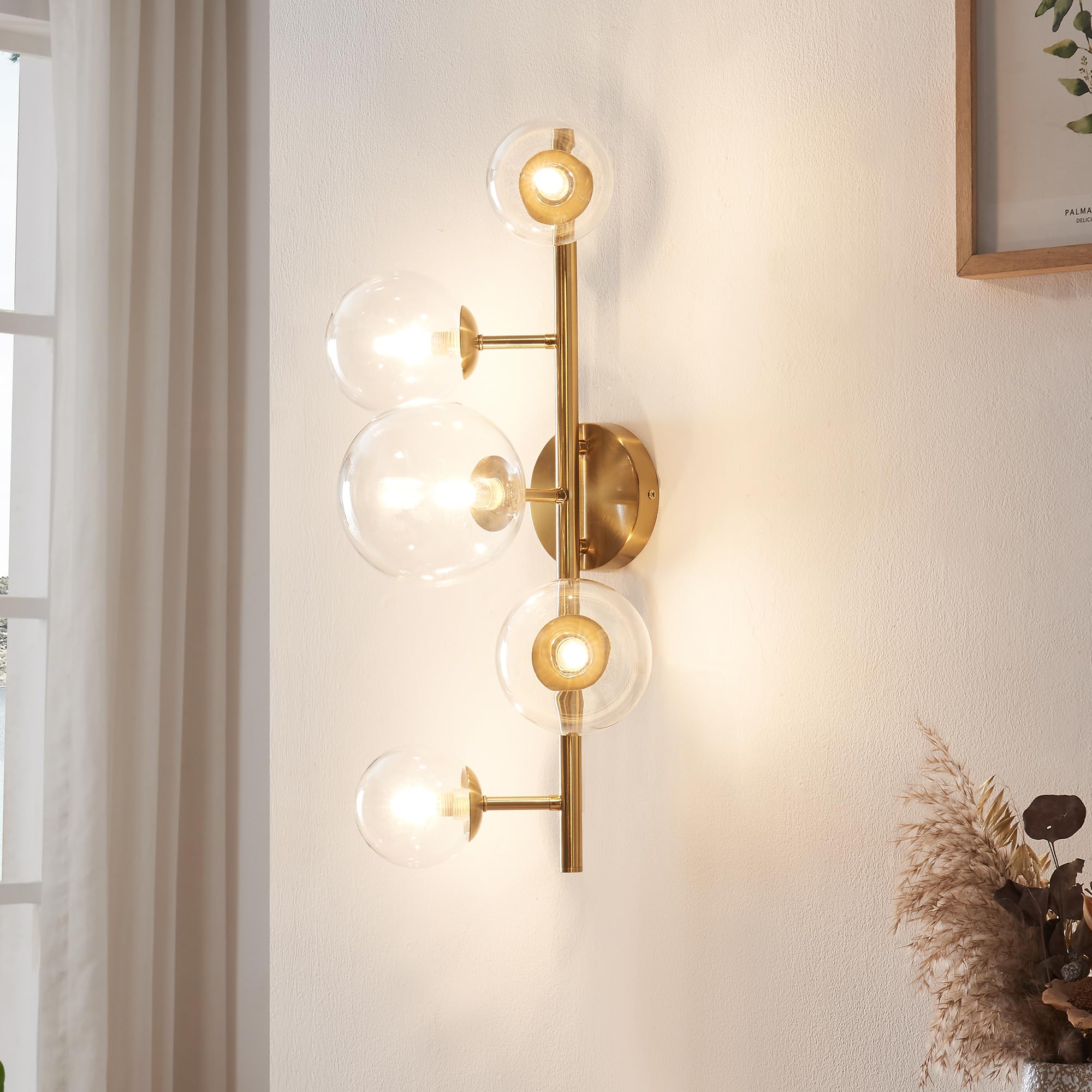 lux.pro Lampada da Parete per Interni con 5 Paralumi Sferici in Vetro Trasparente Applique a 5 Bracci Portalampada per Soggiorno Camera da Letto Corridoio - Dorato