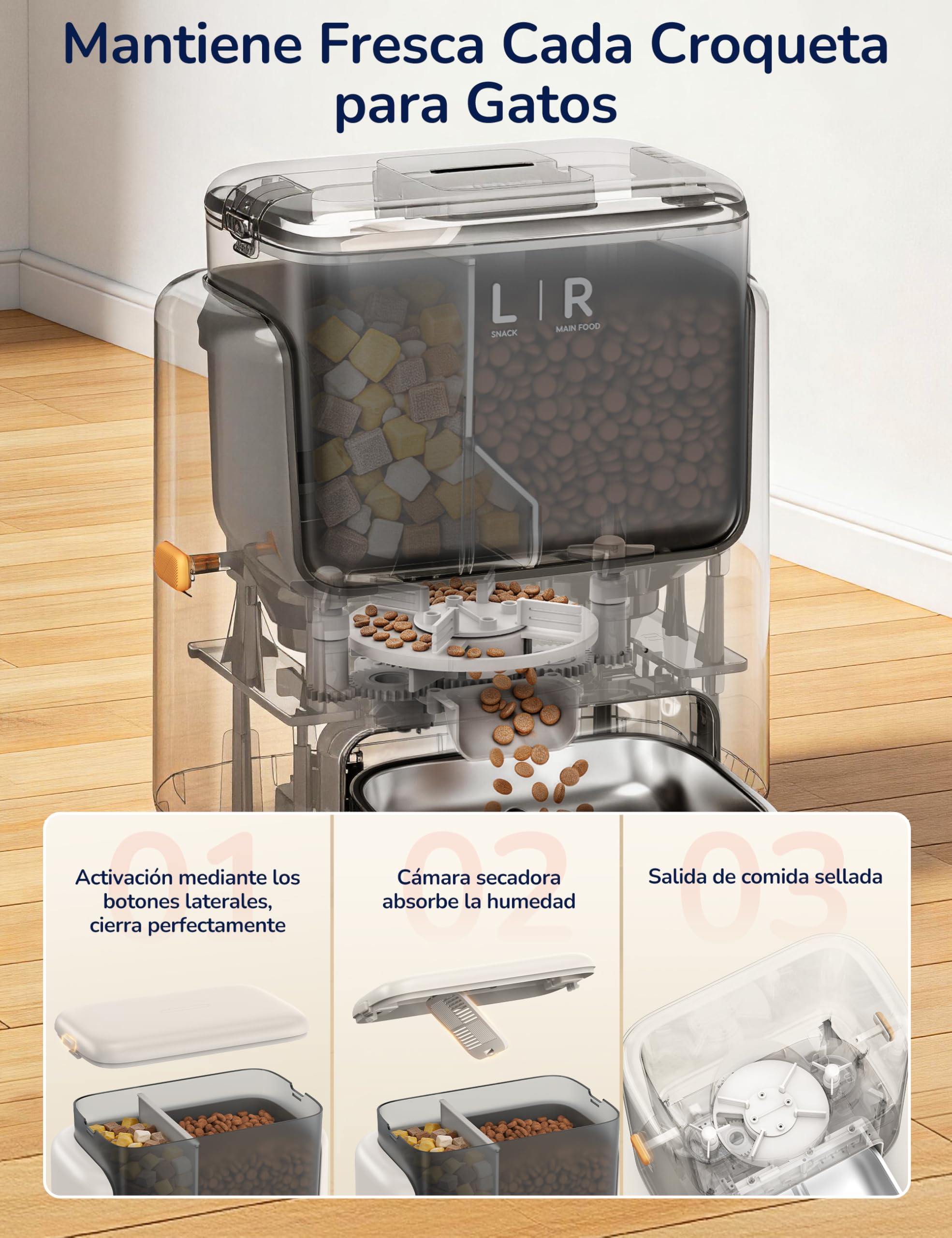 Comedero Gato Automatico, 5L Doble Tolva Dispensador Comida Gatos/Perros, 2.4G/5G WiFi, App Control, 10 Comidas por Día, Liofilizados Compatibles, Control de Porciones, Cuenco de Acero INOX
