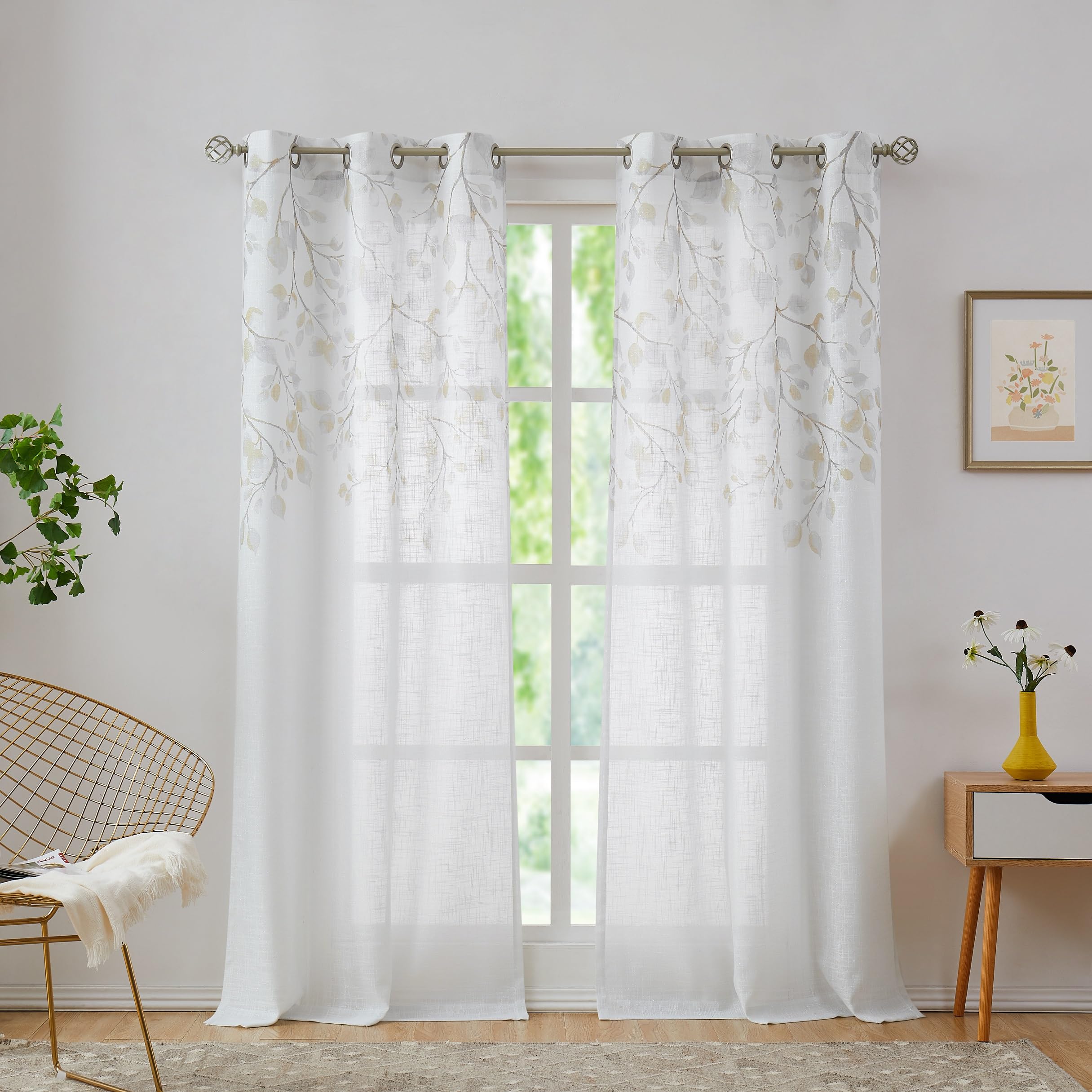 Central Park Leaf Floral Print Metallic Sheer Linen Window Curtain Panel for Rustic Living Room/Bedroom Sparkling Decorative 6 Grommets Top Drape
