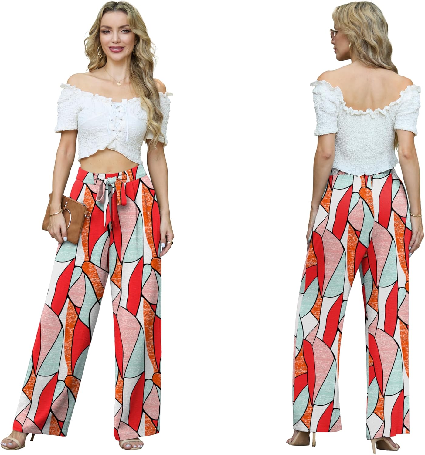 Lepunuo Women's High Waisted Wide Leg Flowy Pants Casual Palazzo Pants Work Adjustable Tie Knot Pants with Pockets - Image 3