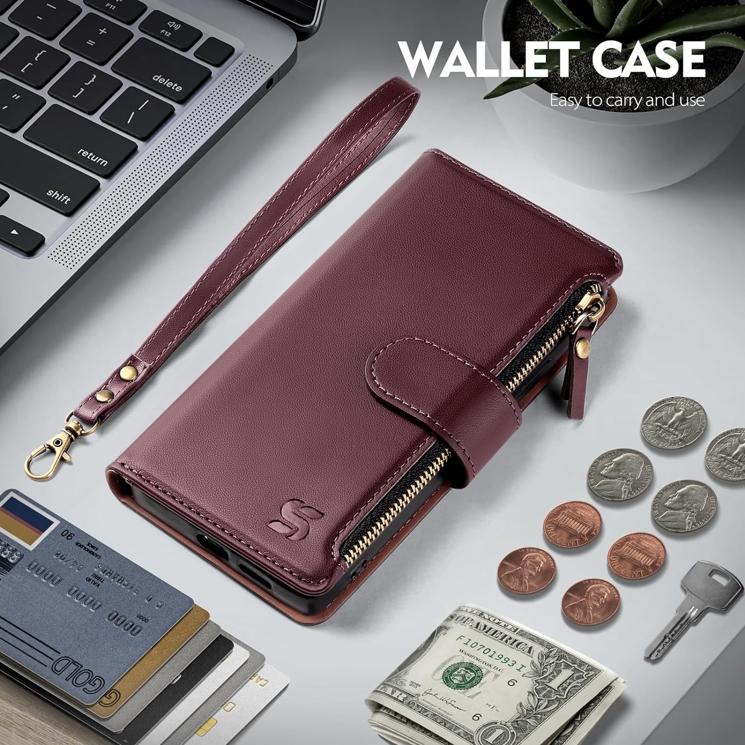 Compatible with Samsung Galaxy S25 Wallet Case with Card Holder,Women Men RFID Blocking PU Leather Flip Cover Wrist Strap Zipper Credit Card Slots,Phone Case for Galaxy S25 6.2",Wine Red - Image 2