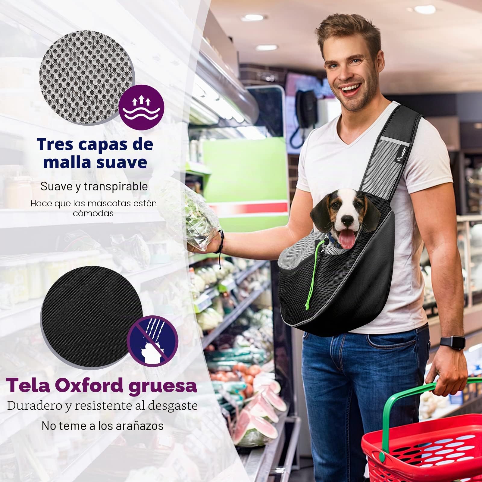 Pawaboo Bolso Bandolera para Perros, Bolsa Portátil para Mascotas con Correa Ajustable y Bolsillos, Bolsa de Mensajero Transpirable Cómoda con para Cachorros Gatitos para Viajar, XL, Negro