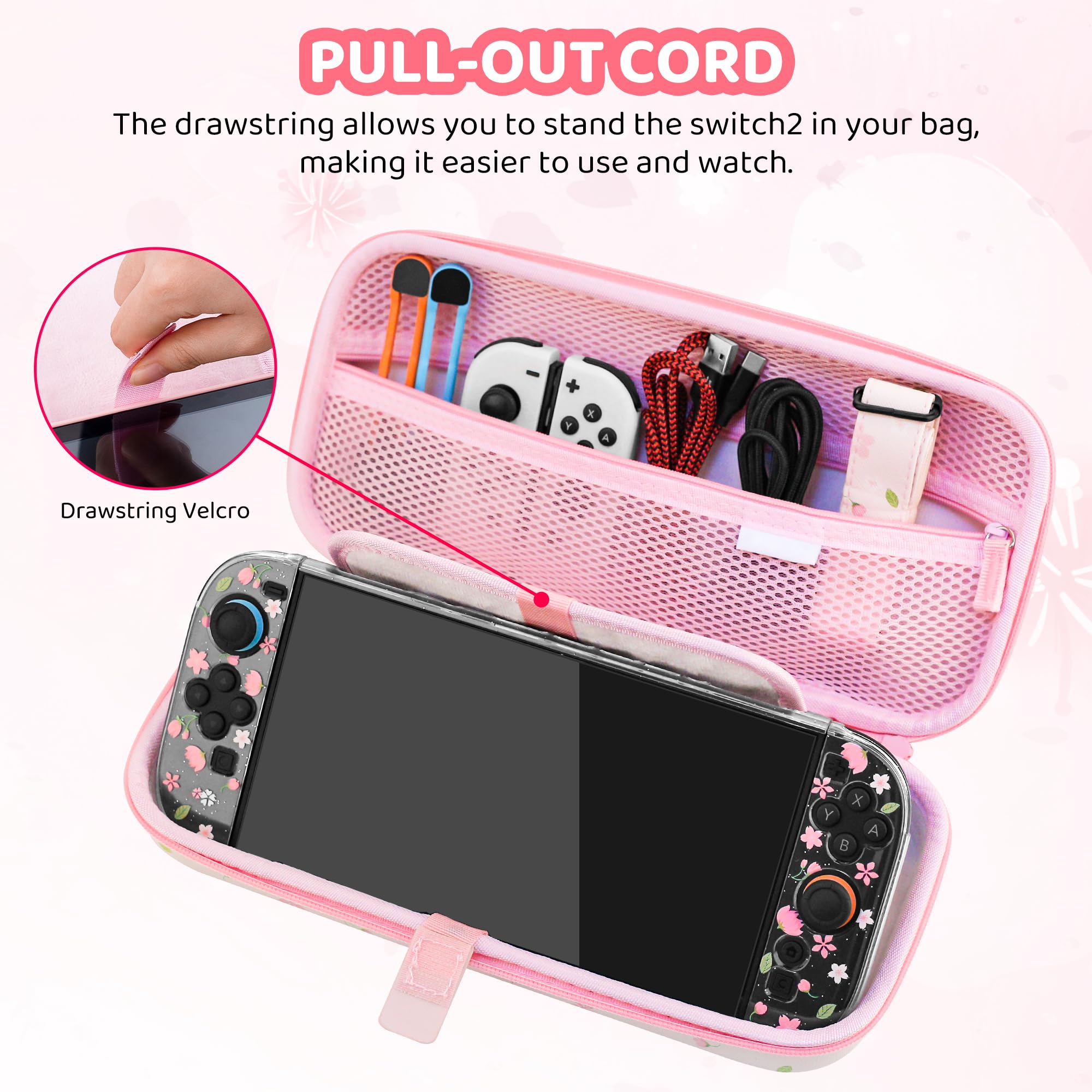 RHOTALL Custodia da trasporto rosa con fiori di ciliegio per Nintendo Switch 2, custodia protettiva da viaggio Sakura, custodia trasparente glitterata con fiore agganciabile per Switch 2, pellicola