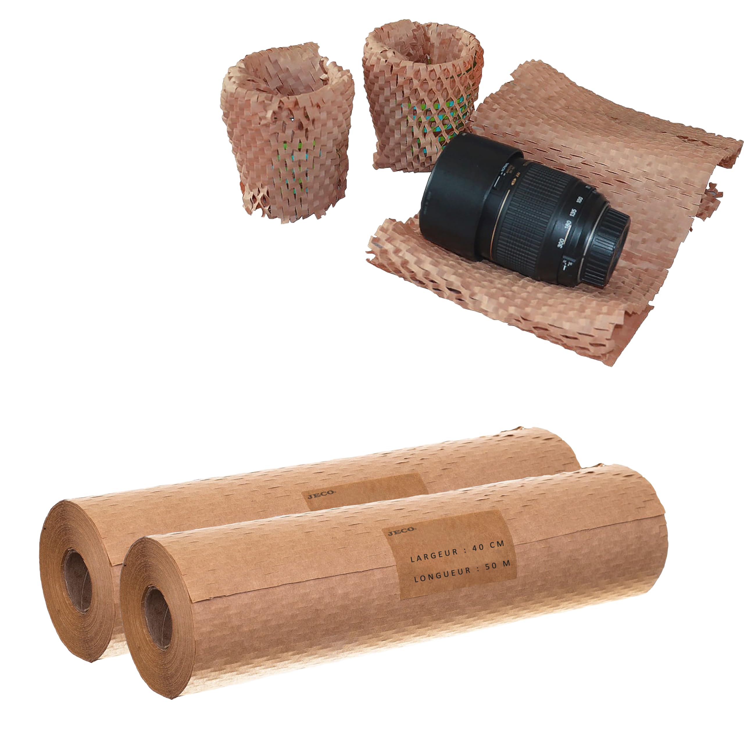 Jeco - Lot de 2 rouleaux de papier kraft en nid d’abeille 40cm x 50m Emballage écologique pour protection, rembourrage, emballage cadeaux, déménagement, remplace le film bulles