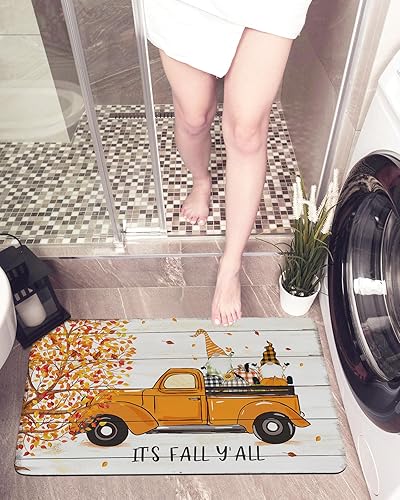 Bath Mat,Autumn Thanksgiving Gnome Truck Maple Tree Wooden Grain Indoor Door Thin Mat Absorbent Bathroom Quick Dry Rug Entrance Non Slip Rubber disponible en Yaxa Peru