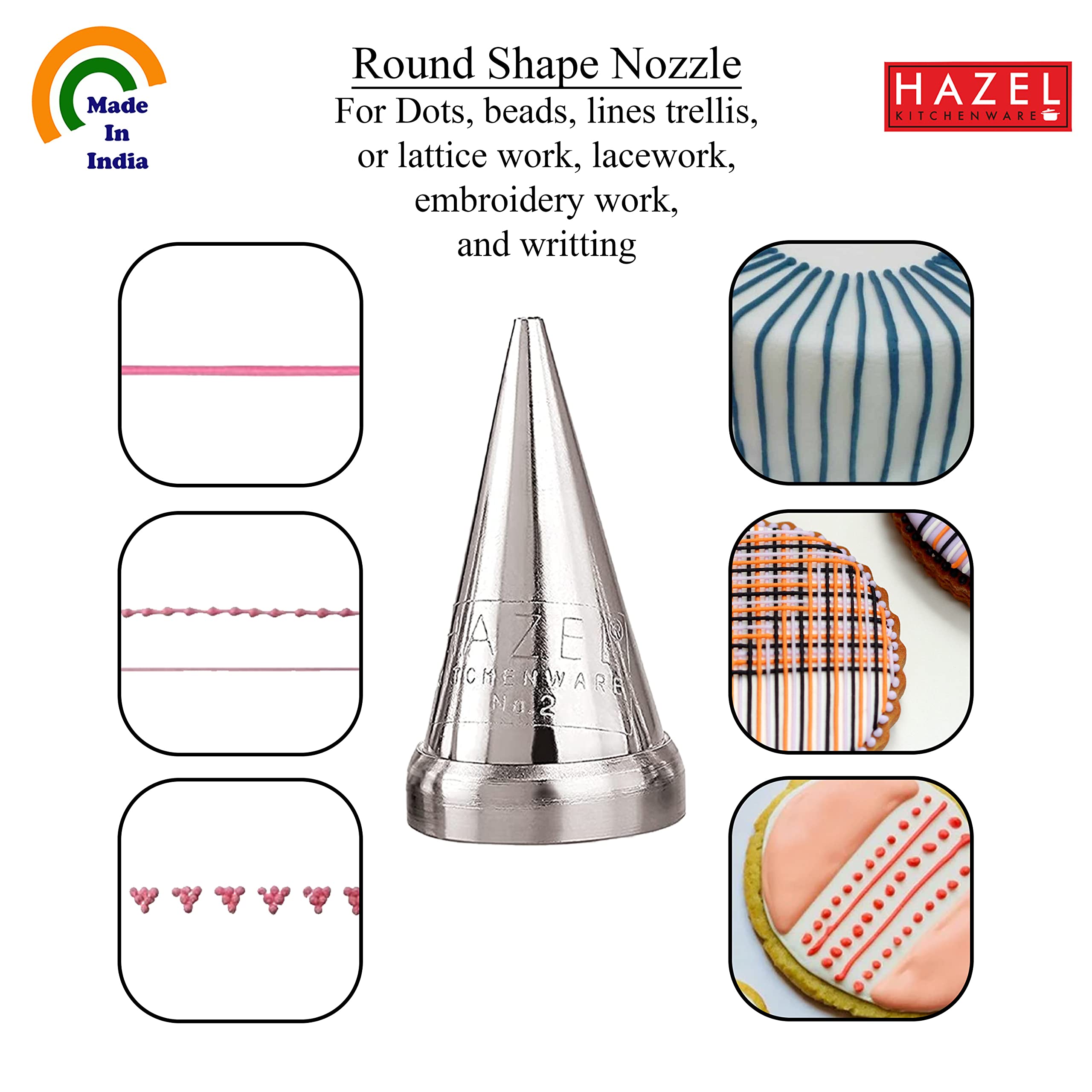 HAZEL Cake Nozzle | Cake Decorating Nozzle Set | Piping Bag Nozzle, (N2 Round Shape) Silver 2