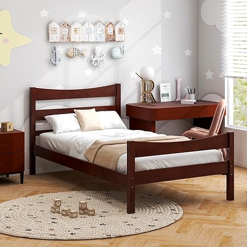 Miniatura 8 de Giantex Base de cama de madera tamaño individual, plataforma de estilo rústico con cabecera y estribo, soporte de listones de madera maciza, no