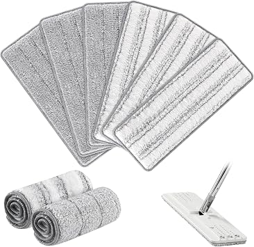 Flat Mop Pads Compatible with Joymoop Mop and Bucket Set with Wringer, Washable & Reusable Microfiber Mop Head Refills for Oshang Bosheng Mop - 13" X 4.9", 6 Pack Grey/Stripe
