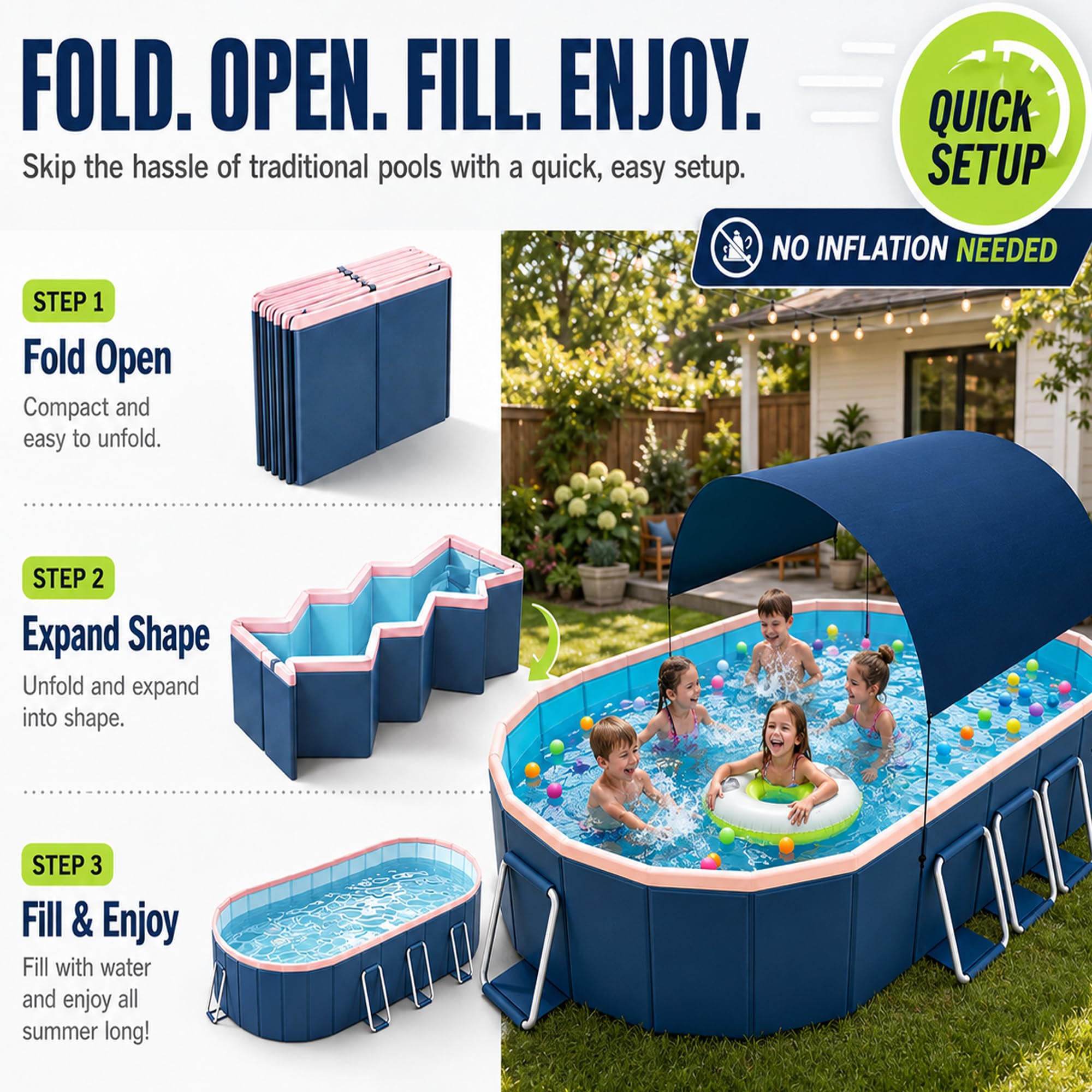 Faltpool Mit Dach, Nicht Aufblasbarer Pool | PVC-Faltpool Für Erwachsene & Kinder, Abnehmbare Sonnendach, Doppelablauf, Garten Terrasse Camping(2.1m/6.9ft)