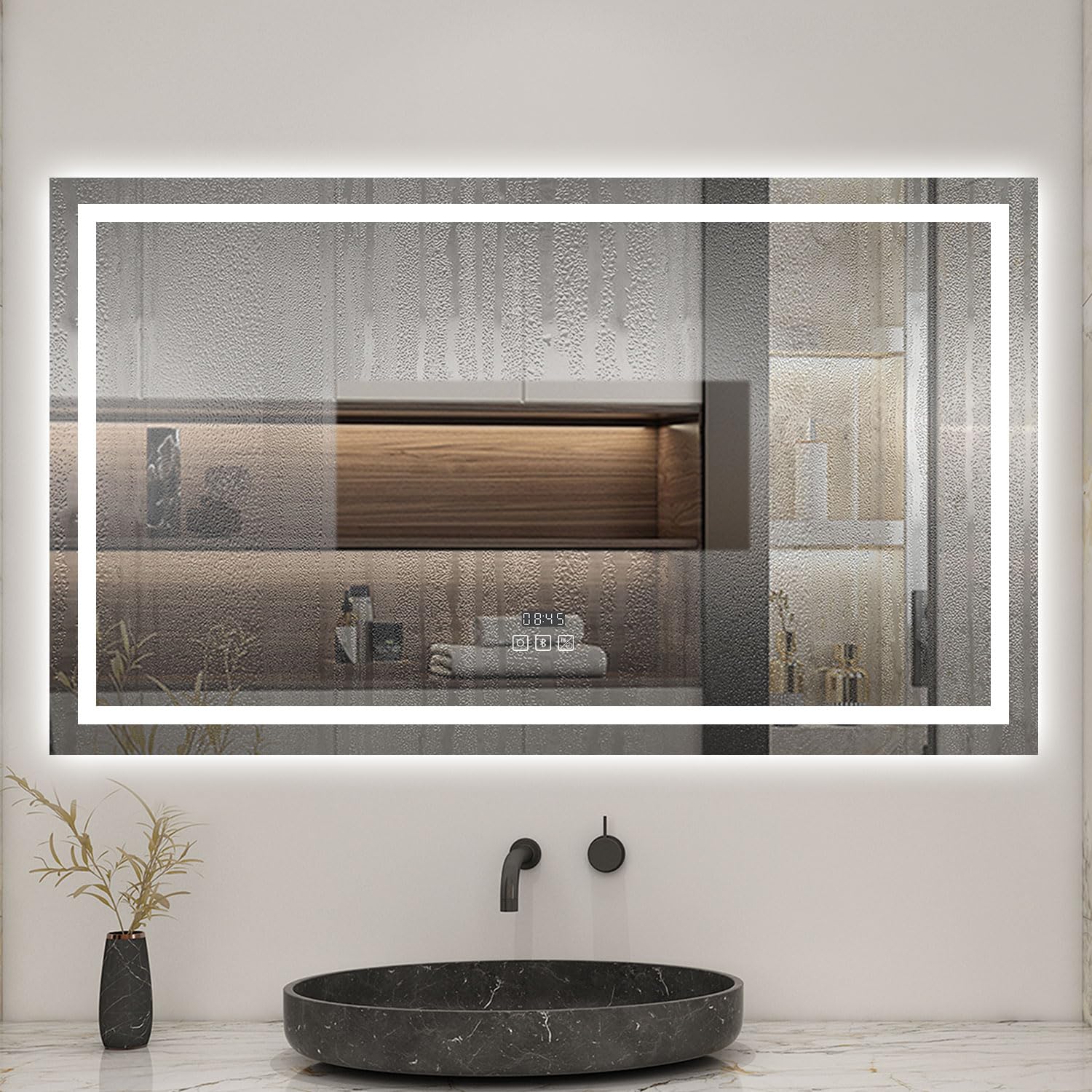AICA Miroir Salle de Bain 120 x 70cm, Bluetooth + 3 Couleurs + dimmable + Horloge + Anti-buée + mémoire, Miroir Lumineux LED