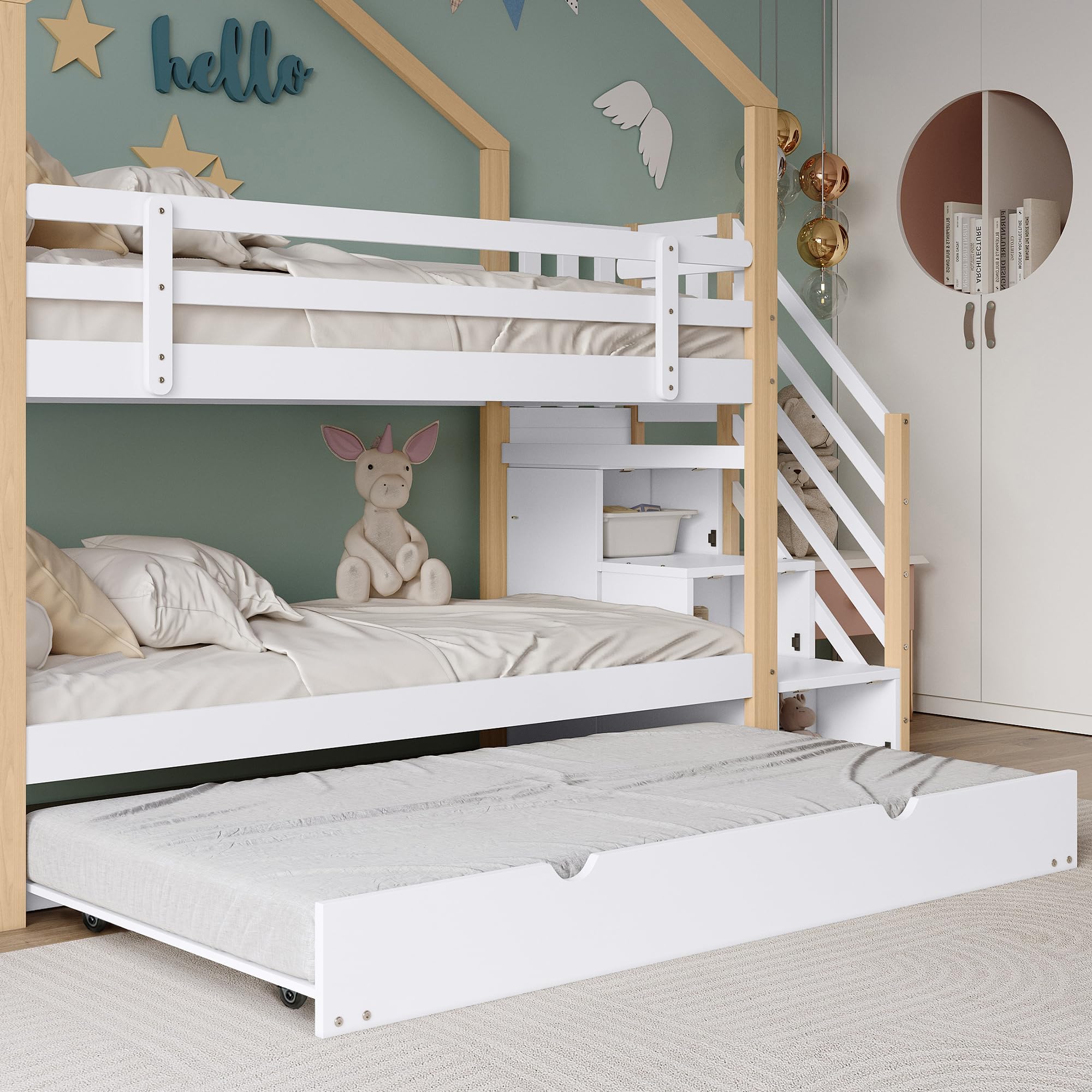 Rtopsu Letto per Bambini a Castello 90x200 cm con Letto Estraibile, Letto a Soppalco per Ragazzi con Scale e Contenitore Cassetti, Rete a Doghe in Legno, Bianco, Senza Materasso
