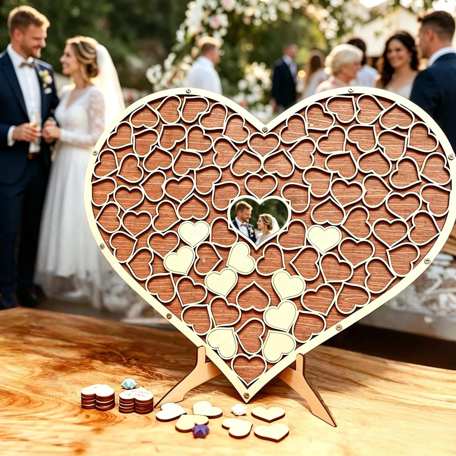 Libro de visitas de boda, libro de visitas de madera con 84 corazones y base de madera, personalizado, forma de corazón, libro de visitas alternativo, libro de visitas de boda, para fiestas