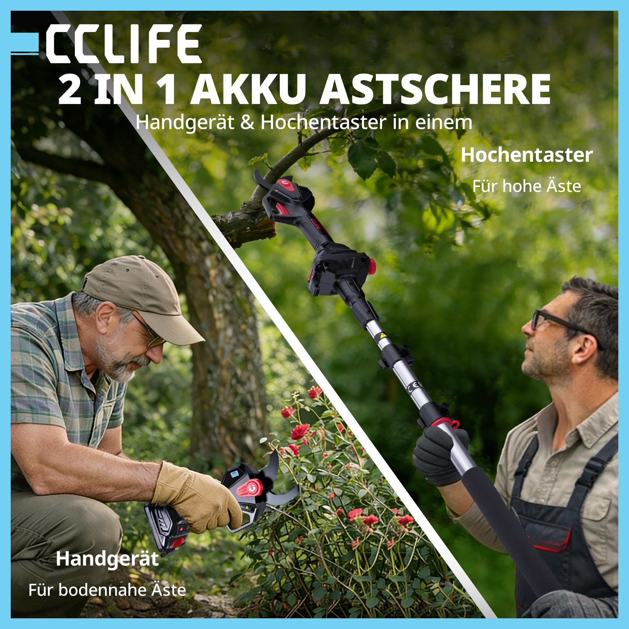 CCLIFE Akku Astschere 2-in-1 Set mit 2M Teleskopstange bis 40mm Schnittdurchmesser Kompatibel mit Makita 18V/20V (ohne Akku)