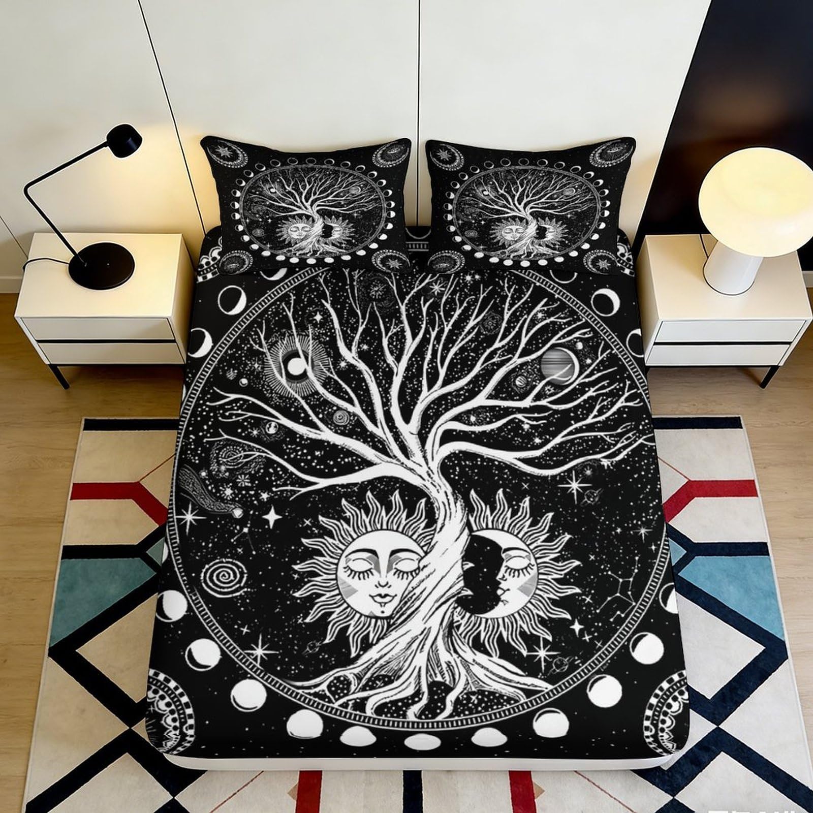 Pnayamiorkfel Style-8 3D Printed Mystic Tree Of Life Fitted Sheet Microfiber Black White Sun Moon Mattress Cover Bedroom Decor 90X200x25cm