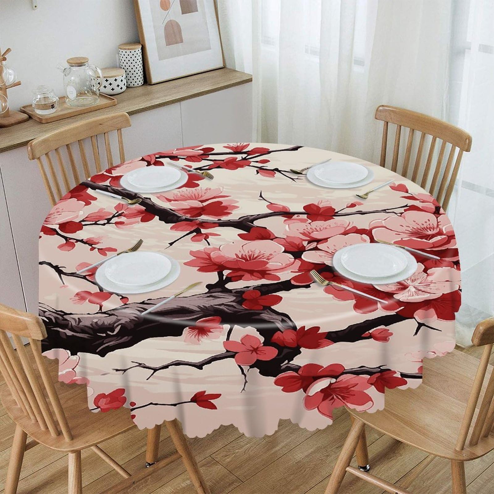 VstaDank Japanese Floral Cherry Blossom Round Tablecloth Premium Polyester Table Cloth Heavy Duty Washable Fabric Tablecloth Waterproof Holiday Table Cover Decorative Tablecloths for Dining 60"