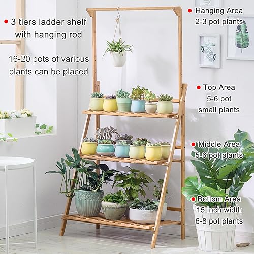 Miniatura 14 de COPREE Soporte de bambú para plantas colgantes de 2 niveles, estantes para macetas de flores, estante organizador de macetas múltiple, estante
