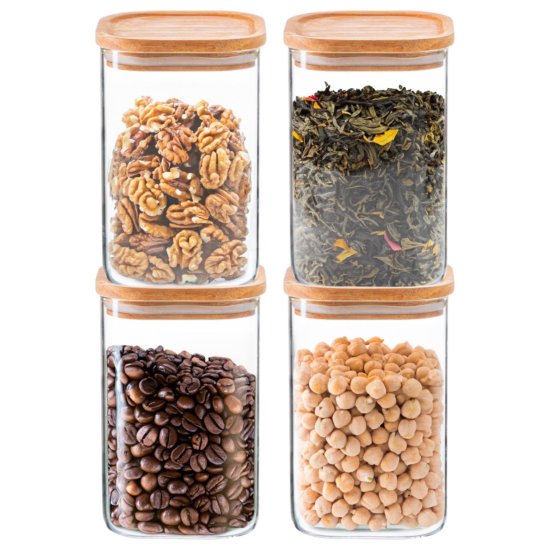 Argon Tableware Square Glass Storage Jars with Airtight Wooden Lids - 1100ml - 4 Pack - Modern Kitchen Container Preserving Jars for Pickling, Chutney, Jam, Coffee, Olives, Sugar, Spices