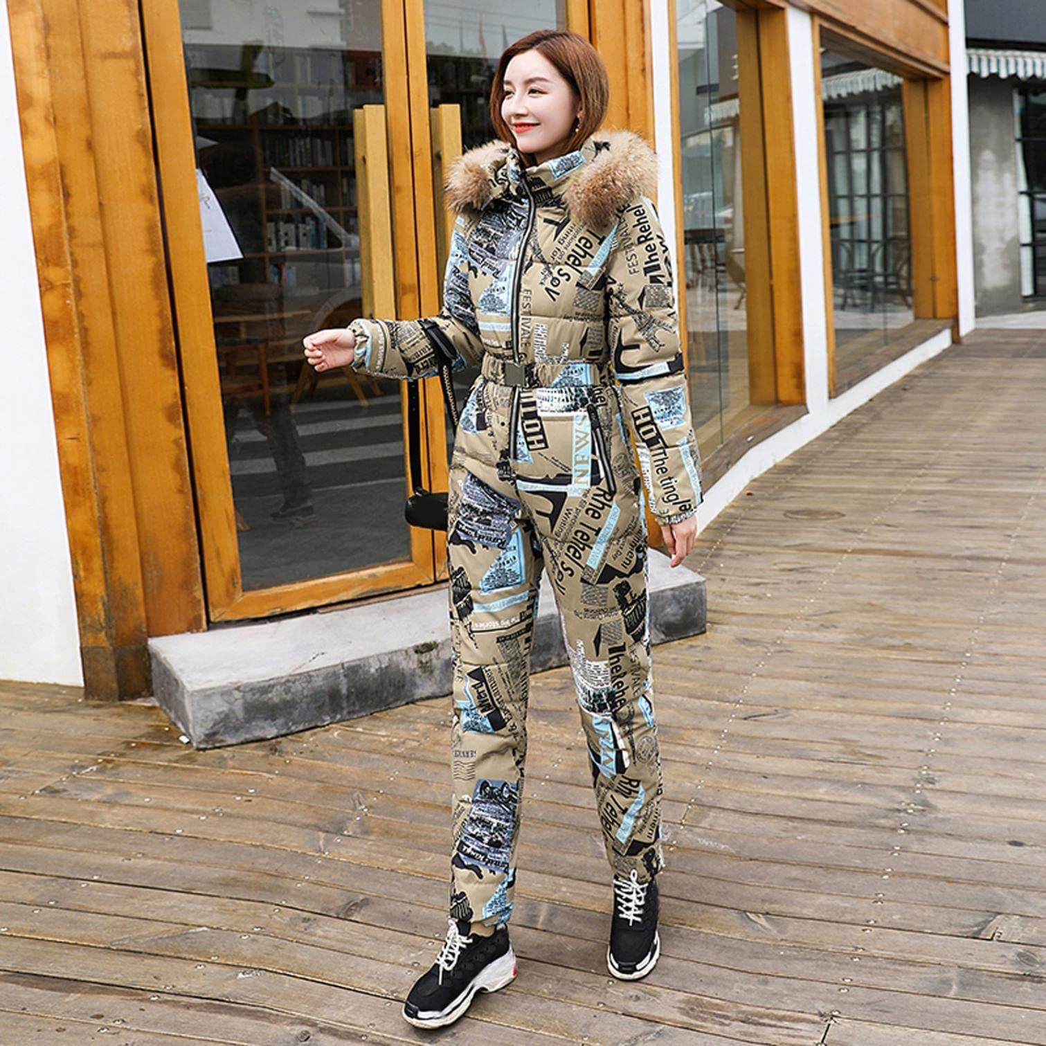 Traje de esquí de una pieza para mujer, mono de esquí largo con capucha y cremallera con capucha y capucha, cálido para invierno, para deportes al aire libre, traje de esquí o snowboard, mono, Café