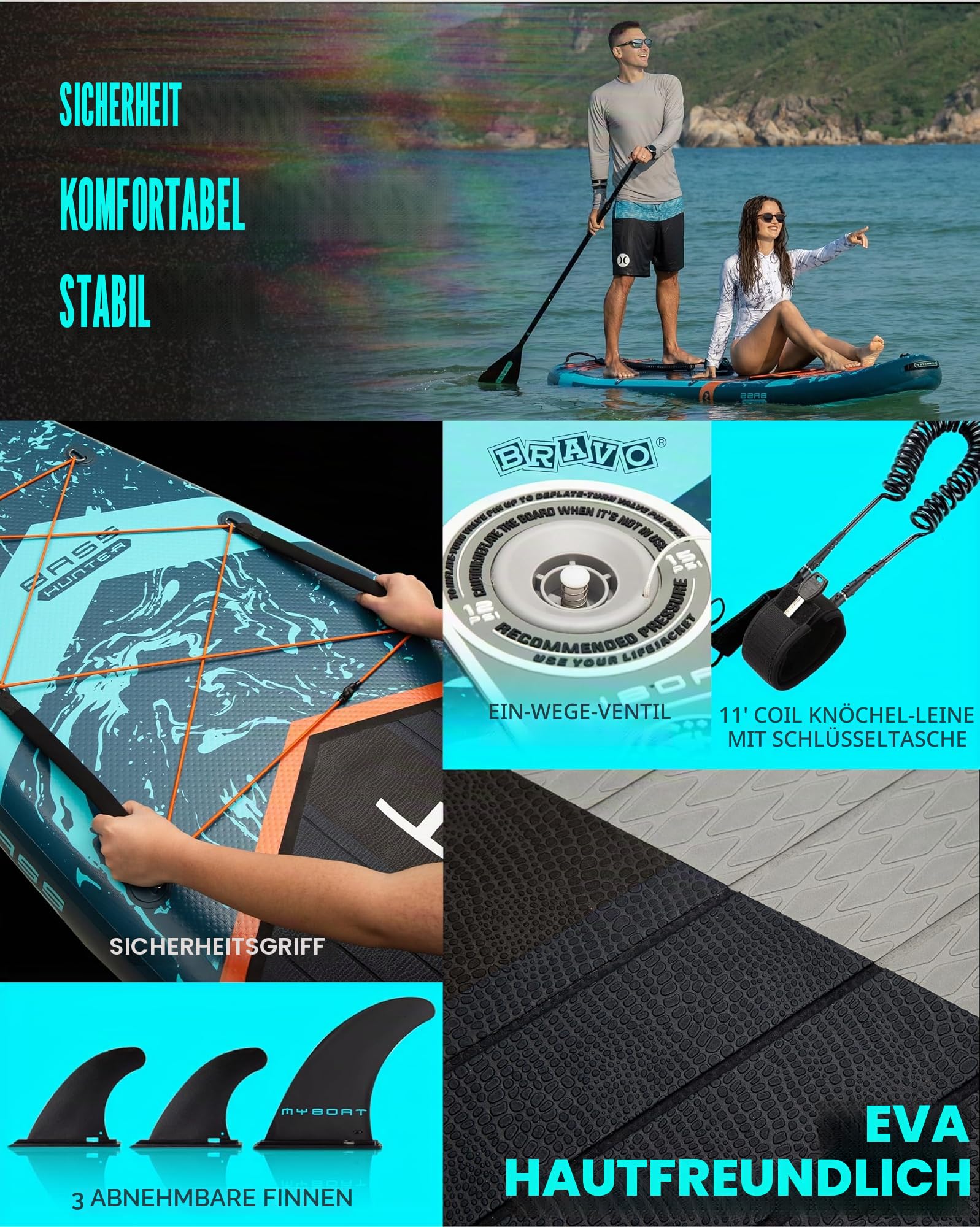 MYBOAT 30,5 x 86,4 x 15,2 cm, extra breit, aufblasbares Paddelbrett, Stand-Up-Paddelbrett zum Angeln, Sup-Board mit 3 abnehmbaren Flossen, Dual-Bungees, Kamerahalterung, Handpumpe, starkes Paddel, 5 l Trockentasche, Leine