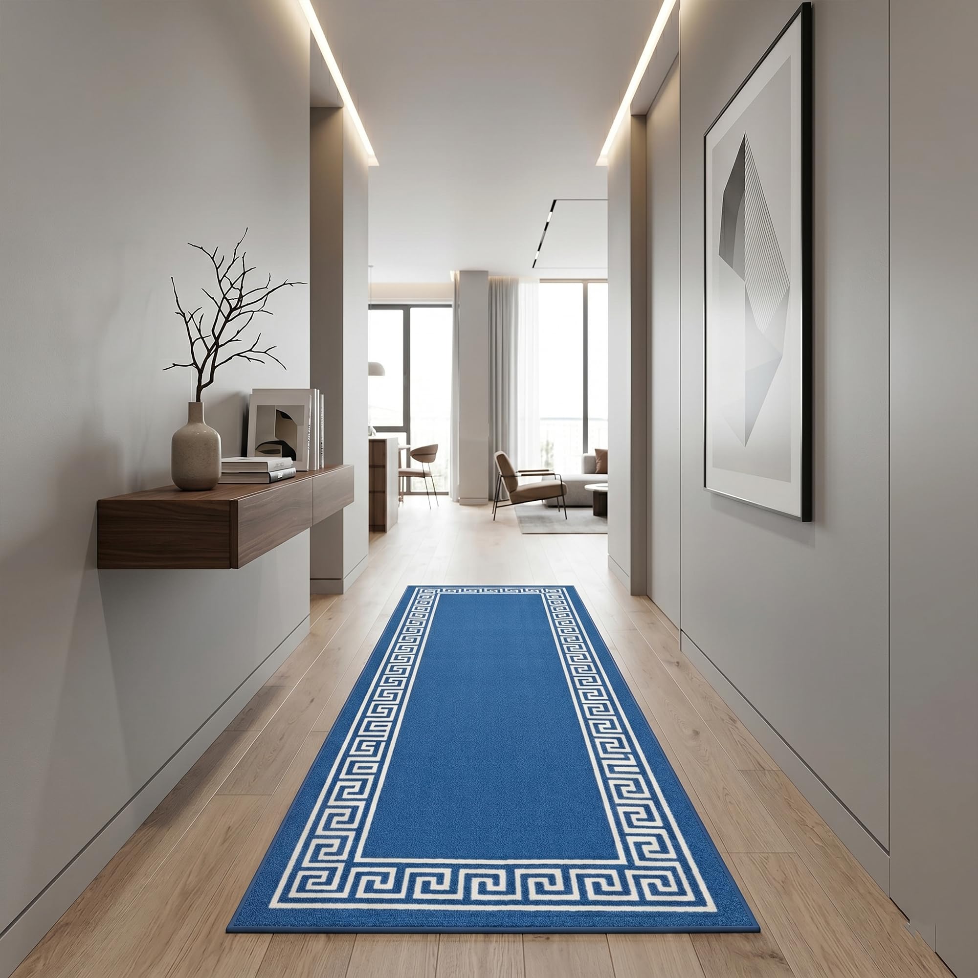 Rugs Haven - Elysia Washable Hallway Carpet Runners, Non-Slip Floor Mats for Kitchen, Living Room, Corridor, Entryway, Door Entrances (Blue&Cream, 66x220cm)