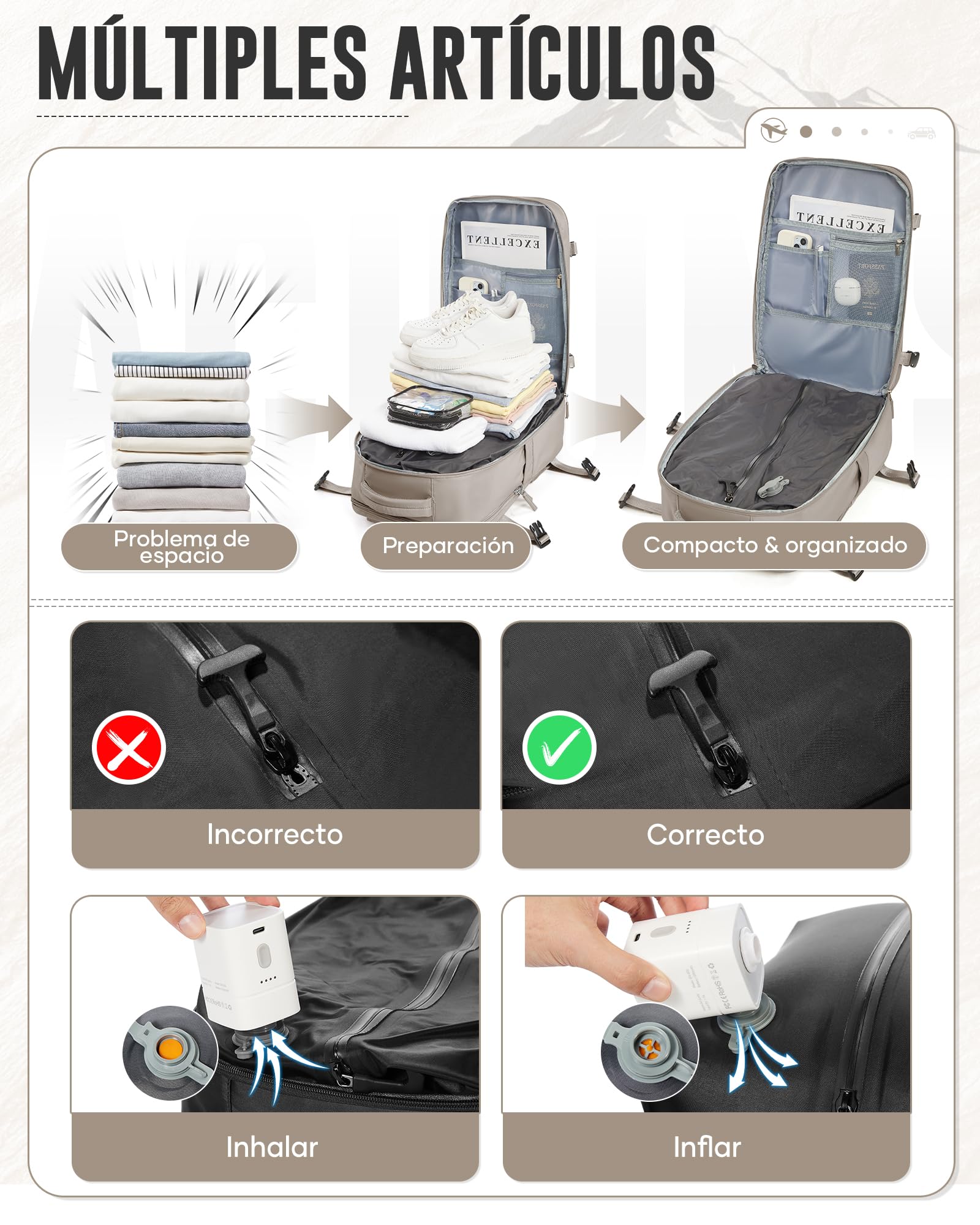 Mochila Viaje al Vacío con Bomba, Mochila de Viaje Cabina Avion 40x30x20 Ryanair,Impermeable Mochila Compresion al Vacio Para Portatil 14" Hombre y Mujer(Marrón grisáceo)