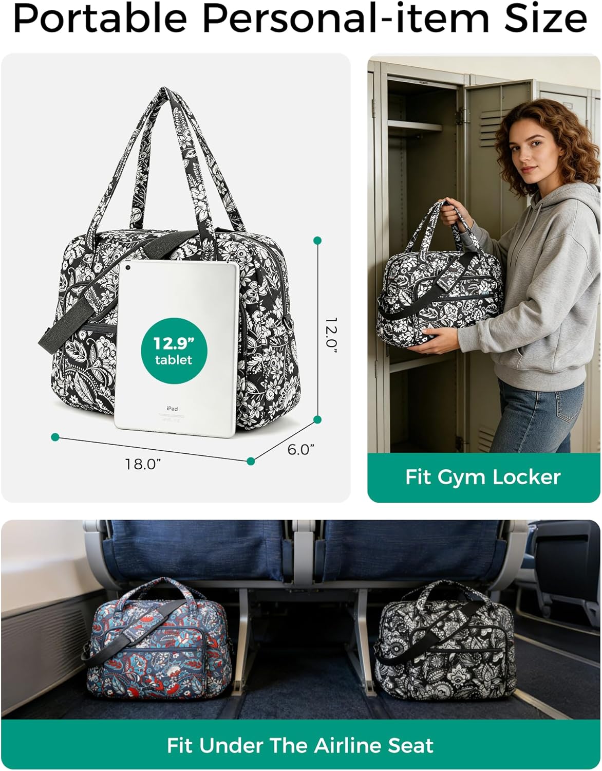 Searock Quilted Travel Duffle Bag, Weekender Overnight Bags for Women Travel, Carry On Duffel Bags for Airplanes Black