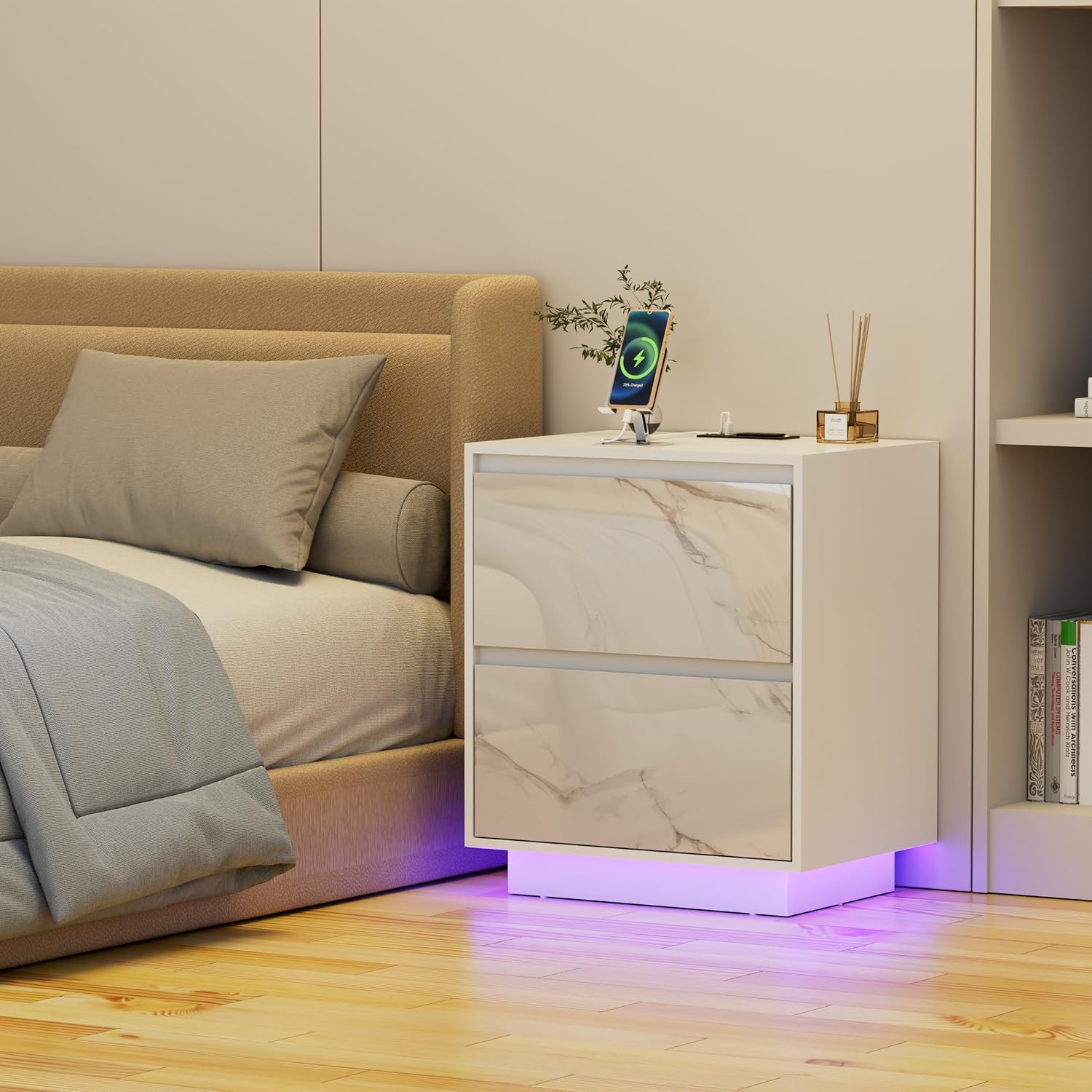 Anbuy LED Nightstand with 2 Drawers & Power Outlets, Nightstand Set of 2 with Lights, Bedside Table Modern End Table with Variable Color Lights for Bedroom, Living Room White Marble